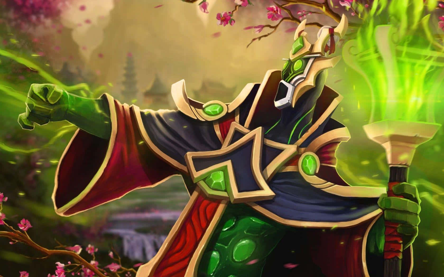 Rubick 桌布 壁紙 — 一位綠色皮膚的奇幻法師身穿華麗長袍，在櫻花下引導發光的綠色魔法。