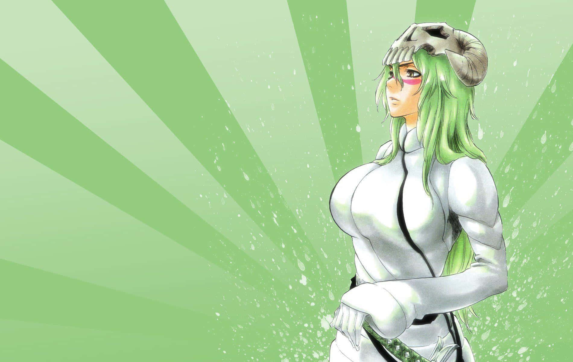 Nelliel Tu Odelschwanck 桌布 壁紙 — 一位綠髮、長著公羊角的動漫女性，自信地穿著白色服裝，站在充滿活力的綠色放射狀背景前，雪花飄落。