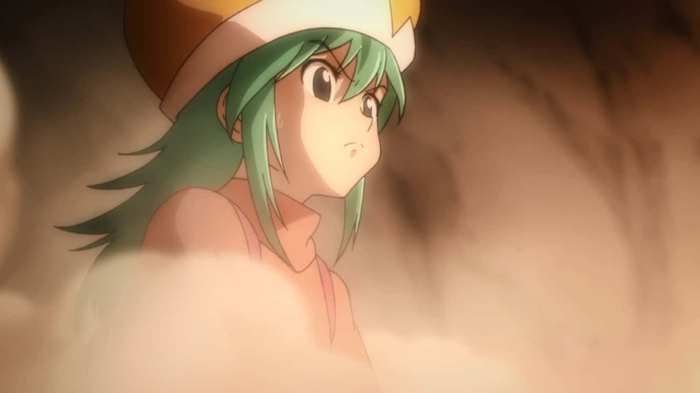 Hunter X Hunter Ponzu 桌布 壁紙 — 一位綠髮動漫女孩戴著帽子，以堅定的表情透過旋轉的灰塵凝視。