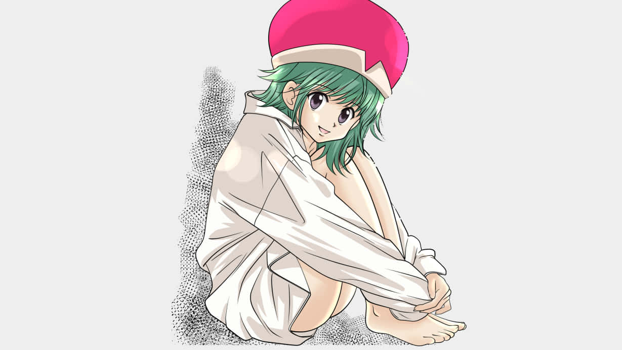 Hunter X Hunter Ponzu 桌布 壁紙 — 一位綠髮動漫女孩戴著粉紅色帽子，穿著白色襯衫，蜷縮在網點紋理牆前。