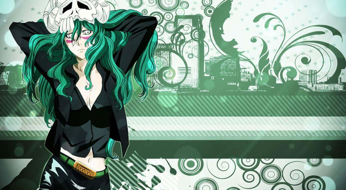 Nelliel Tu Odelschwanck 桌布 壁紙 — 一位綠髮動漫女孩戴著骷髏頭飾，自信地站在風格化的綠白城市景觀壁紙前。