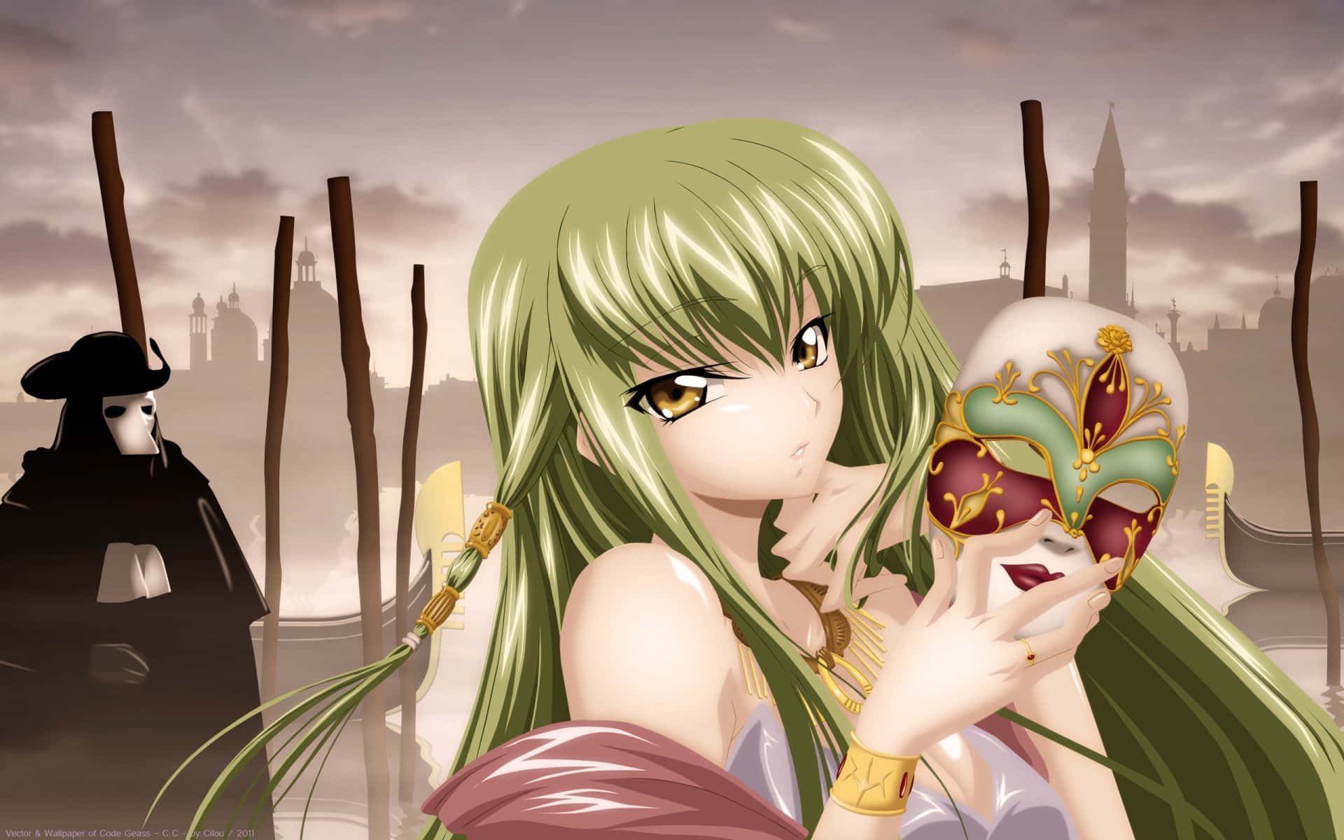 Code Geass C.c. 桌布 壁紙 — 一位綠髮動漫女孩手持華麗的嘉年華面具，而一個戴面具的人物站在迷霧般的威尼斯背景中。