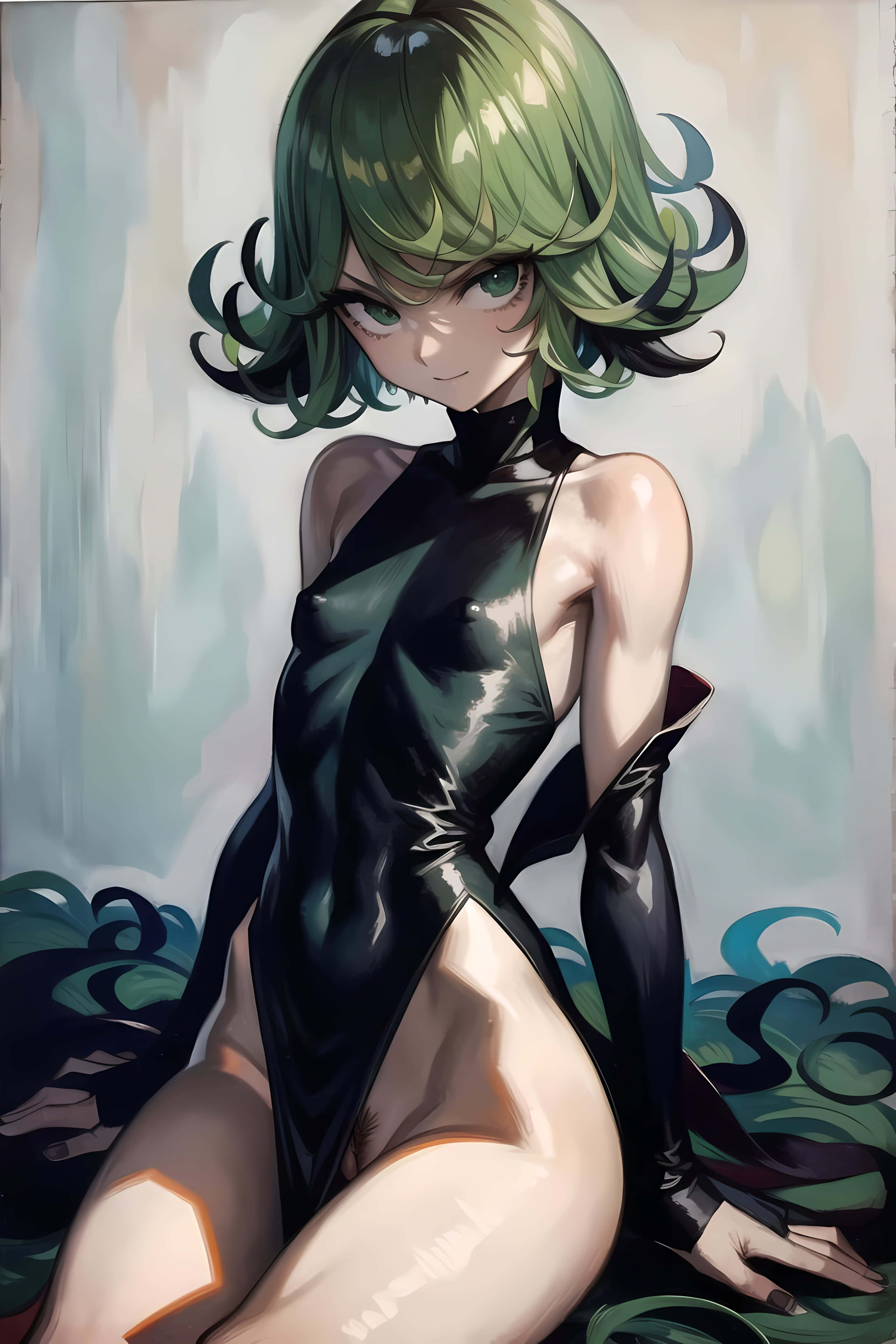 Tatsumaki 桌布 壁紙 — 一位綠髮動漫女孩穿著光澤黑色連體衣，在柔和的模糊背景前優雅地擺姿勢。