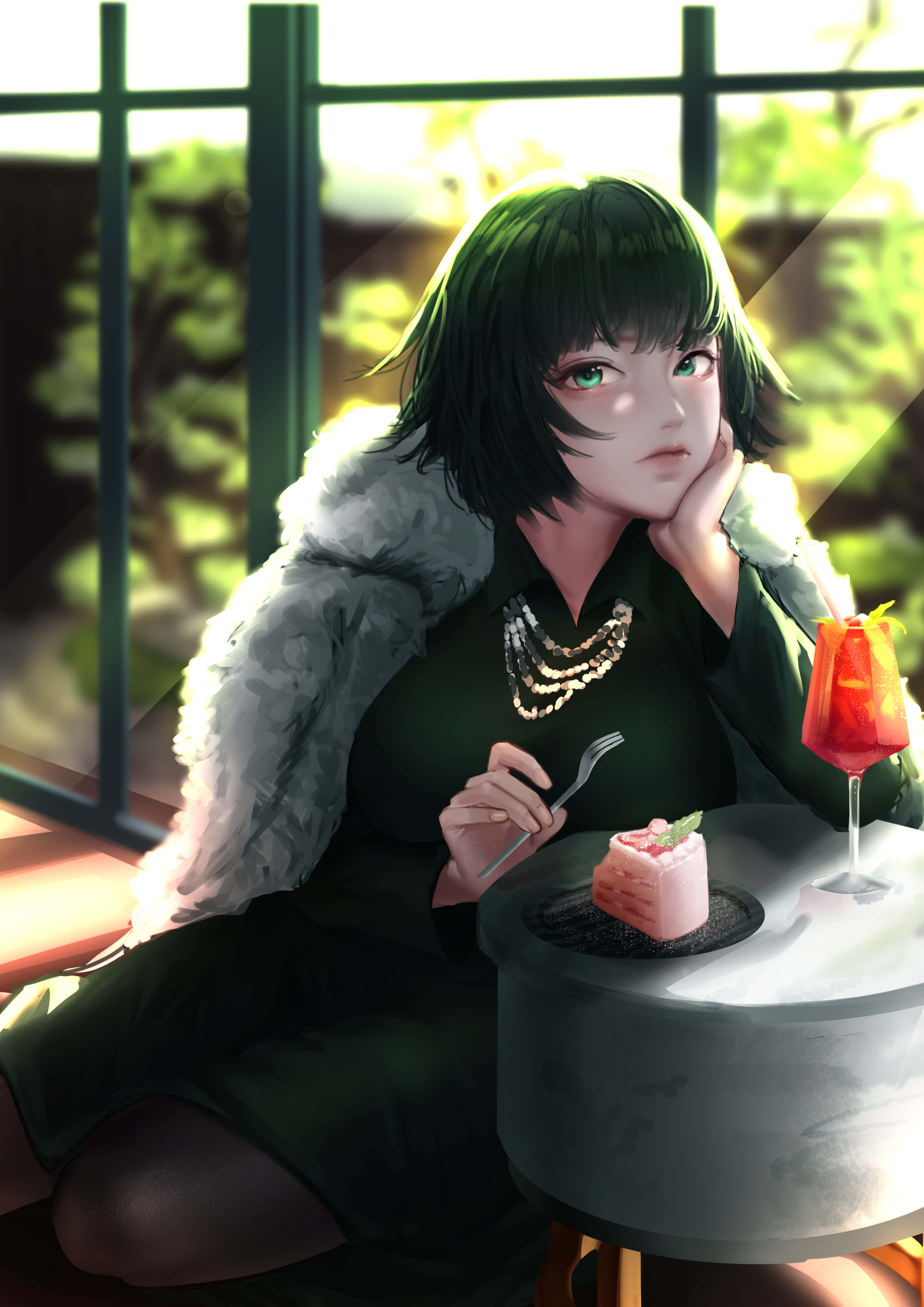 Fubuki 桌布 壁紙 — 一位綠髮動漫女孩穿著毛領外套，坐在桌旁，桌上放著粉紅色甜點和紅色飲料，在陽光照射的窗邊若有所思地凝視著。