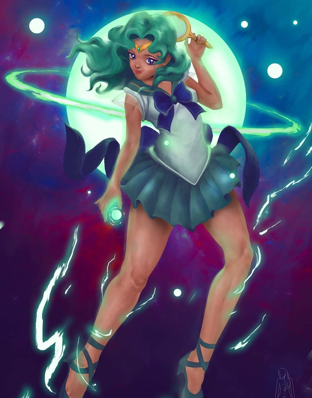 sailor neptune 桌布 壁紙 — 一位綠髮動漫女孩穿著水手服，在帶有發光月亮和能量軌跡的宇宙背景下動態站立。