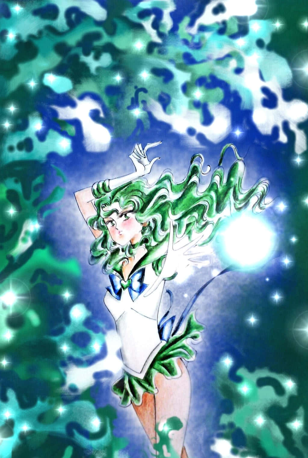 sailor neptune 桌布 壁紙 — 一位綠髮動漫女孩穿著水手服，在閃爍的宇宙背景下引導發光能量。