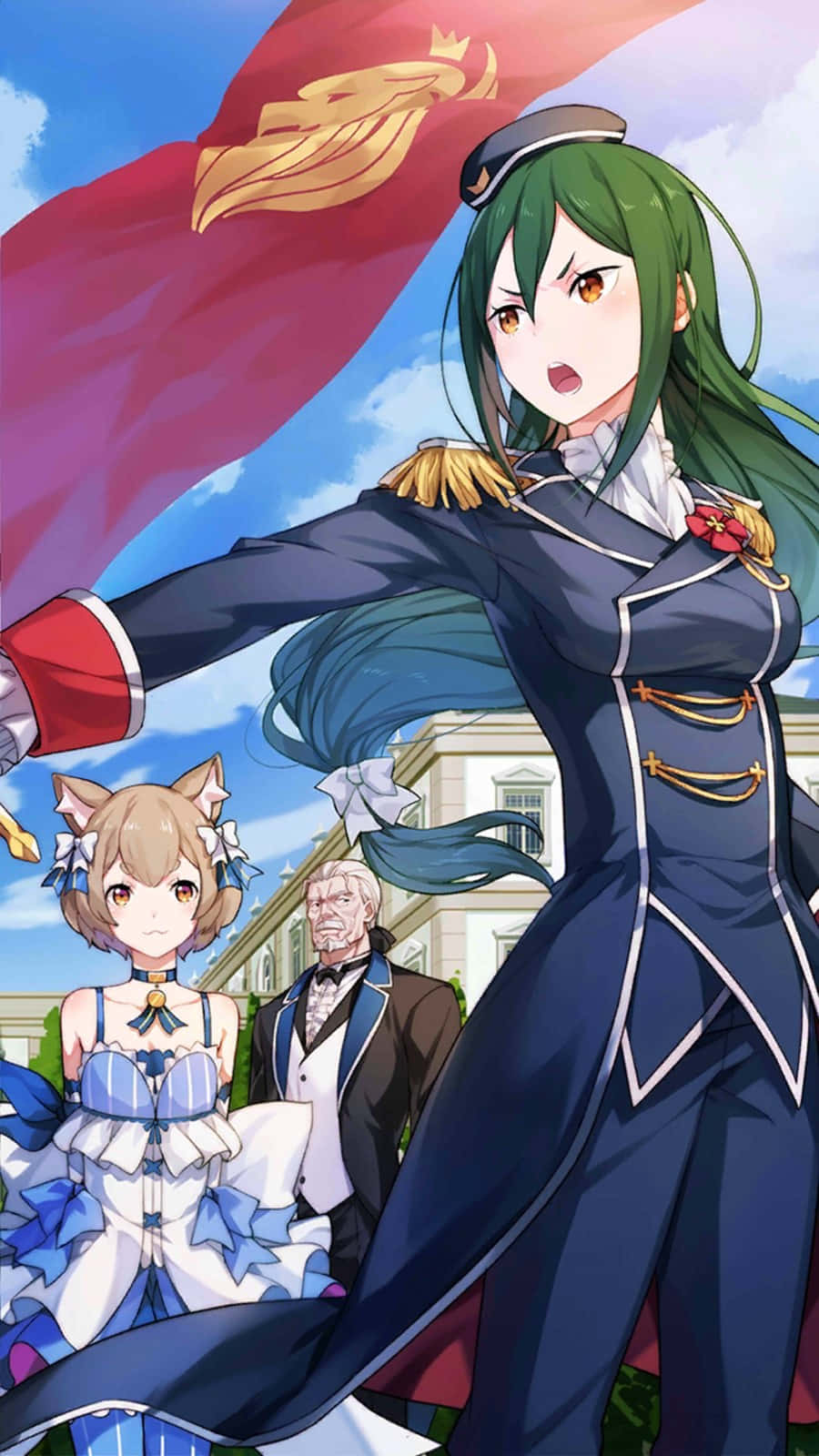 Crusch Karsten 桌布 壁紙 — 一位綠髮動漫女孩穿著海軍制服，在明亮的藍天下揮舞著帶有金色徽章的紅旗。