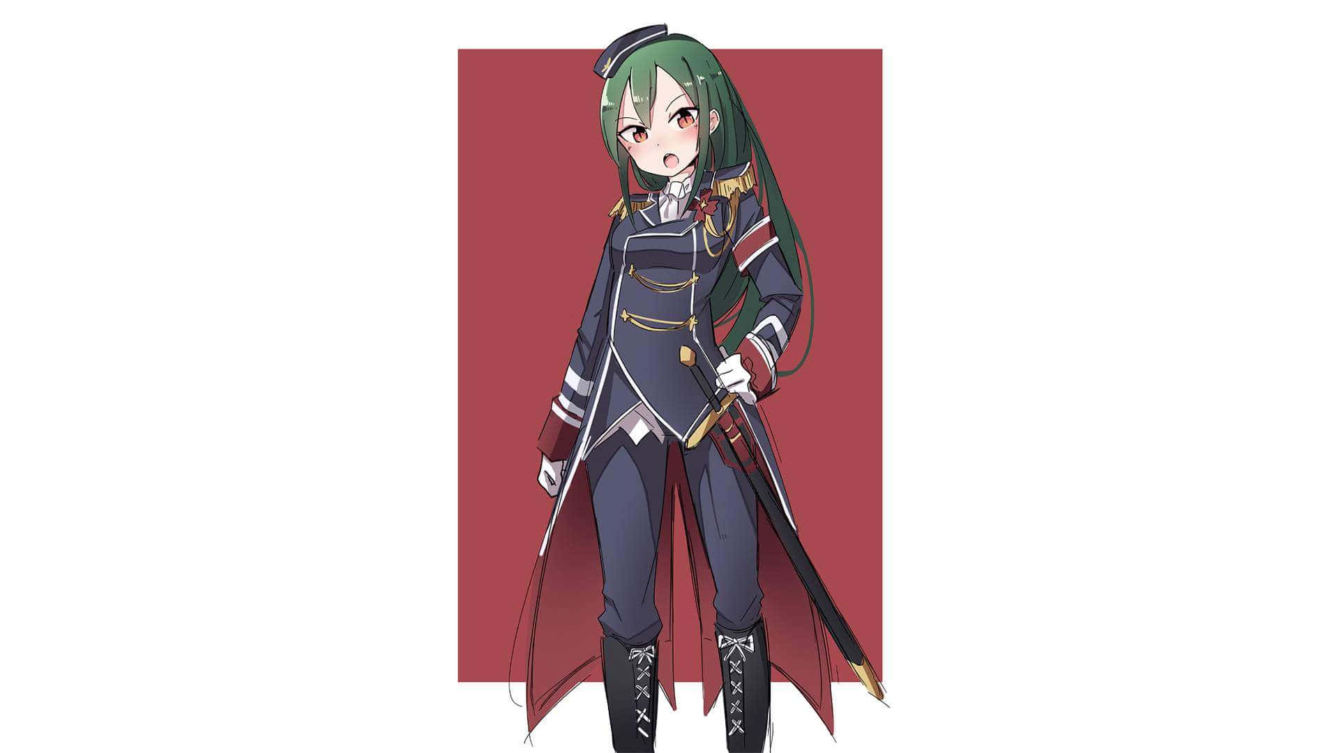 Crusch Karsten 桌布 壁紙 — 一位綠髮動漫女孩穿著精細的軍服，在純紅色背景前手持劍。