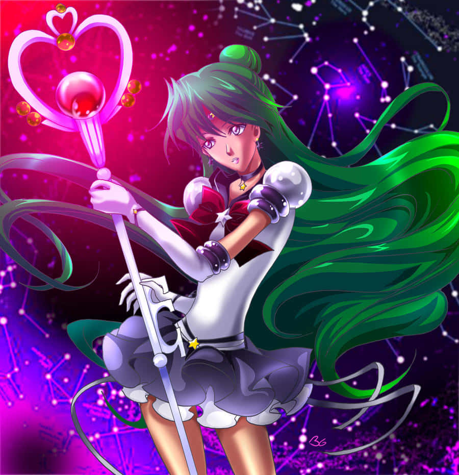 Sailor Pluto 桌布 壁紙 — 一位綠髮動漫女孩穿著銀色和紅色的服裝，在星光宇宙背景下揮舞著發光的粉紅色心形魔杖。