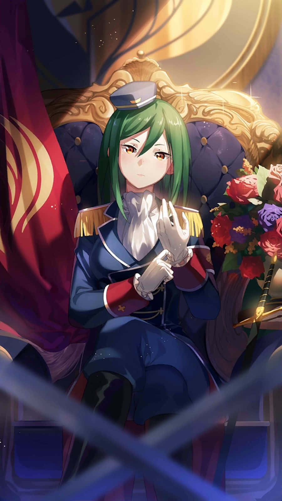 Crusch Karsten 桌布 壁紙 — 一位綠髮動漫女孩身穿藍色軍服，威嚴地坐在金色王座上，手持一束玫瑰。