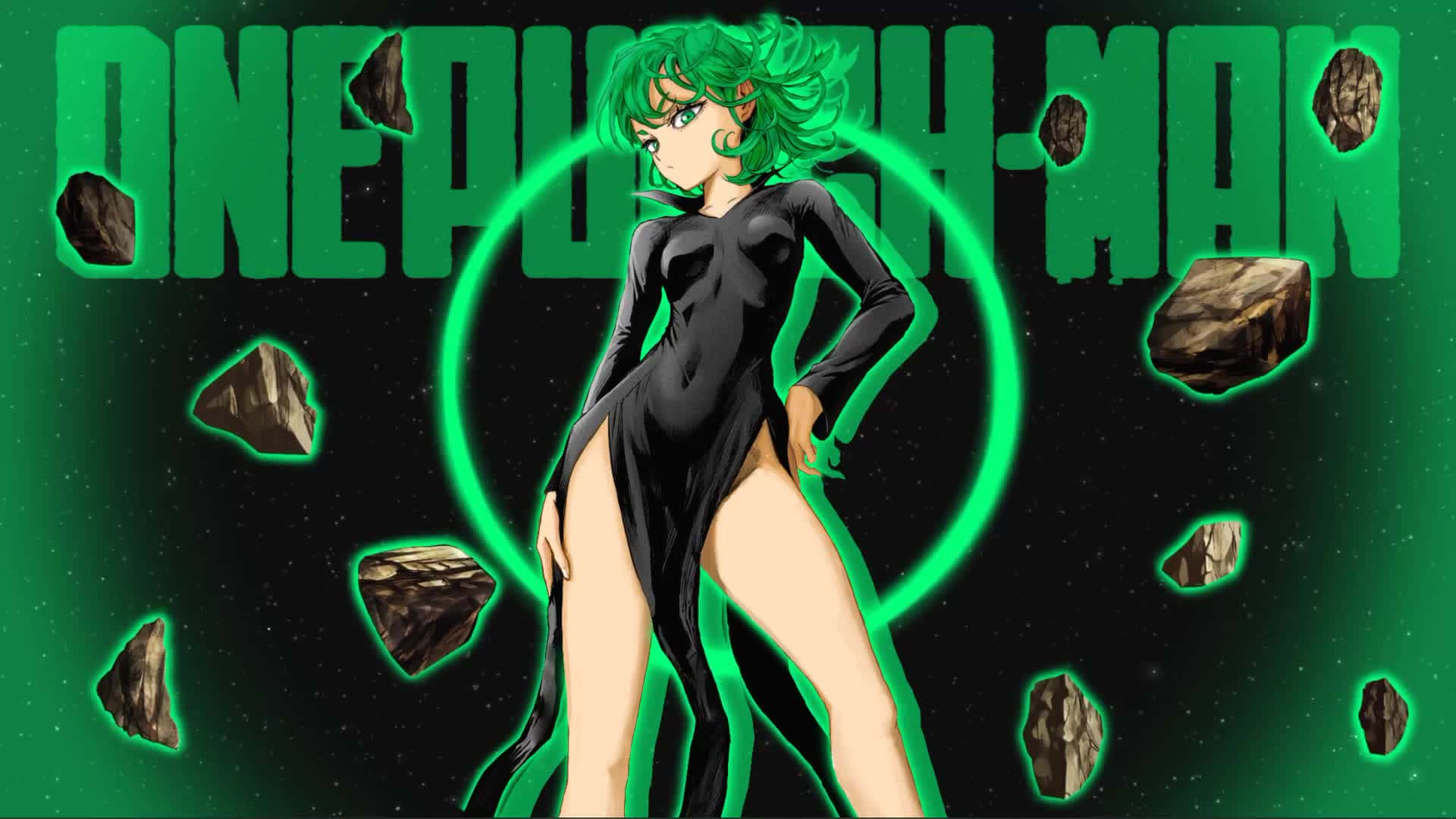 Tatsumaki 桌布 壁紙 — 一位綠髮動漫女性穿著黑色緊身衣，自信地站在宇宙背景前，背景中有漂浮的岩石和發光的綠色文字。