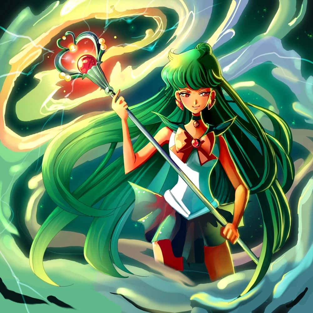 Sailor Pluto 桌布 壁紙 — 一位綠髮動漫戰士在旋轉的宇宙能量中揮舞著發光的法杖，擺出動態的戰鬥姿勢。