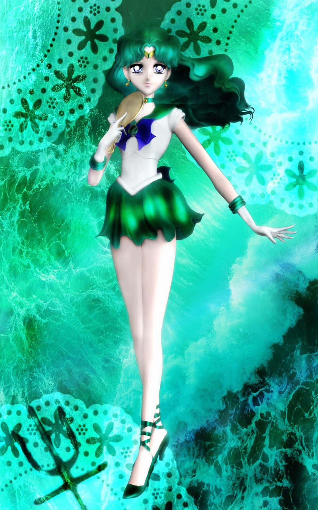 sailor neptune 桌布 壁紙 — 一位綠髮的動漫戰士穿著綠色和白色的水手服，優雅地漂浮在旋轉的青色和綠色花卉圖案背景上。