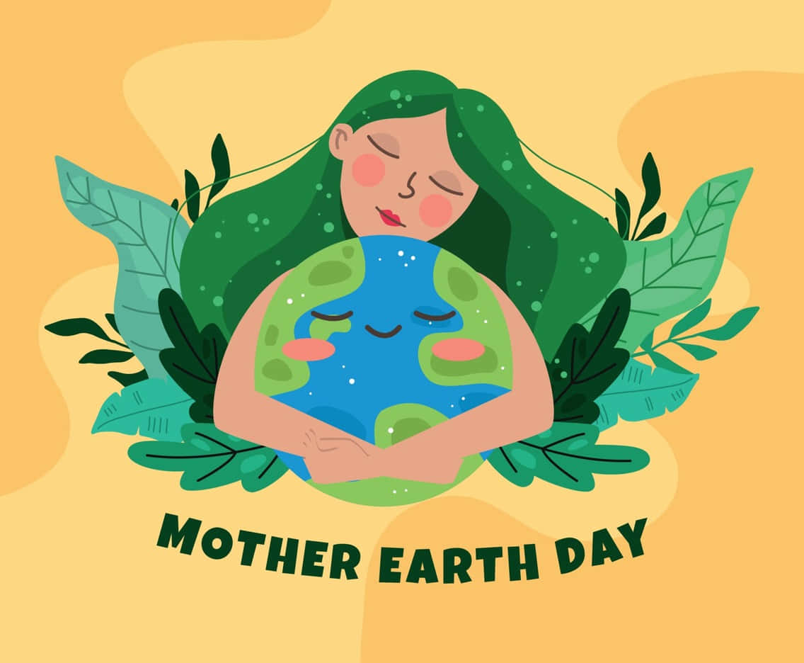 Earth Day 桌布 壁紙 — 一位綠髮的寧靜女性懷抱著一個微笑的地球，周圍環繞著茂盛的葉子，背景是溫暖的黃色。