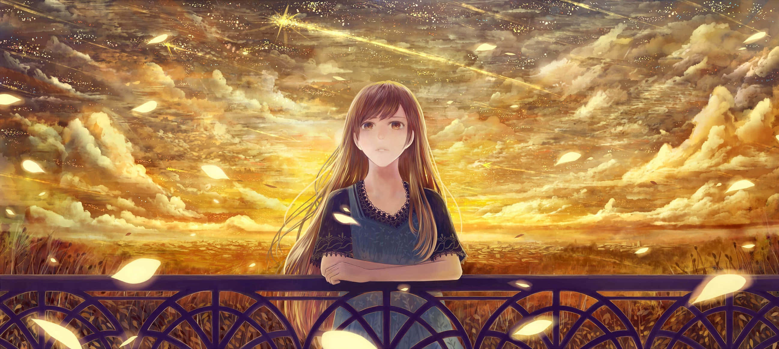 一位美麗動漫少女的感性肖像，彷彿在哀悼某事 壁紙 — 一位長髮的年輕動漫女孩站在陽台上，金色天空下滿是落葉和流星。