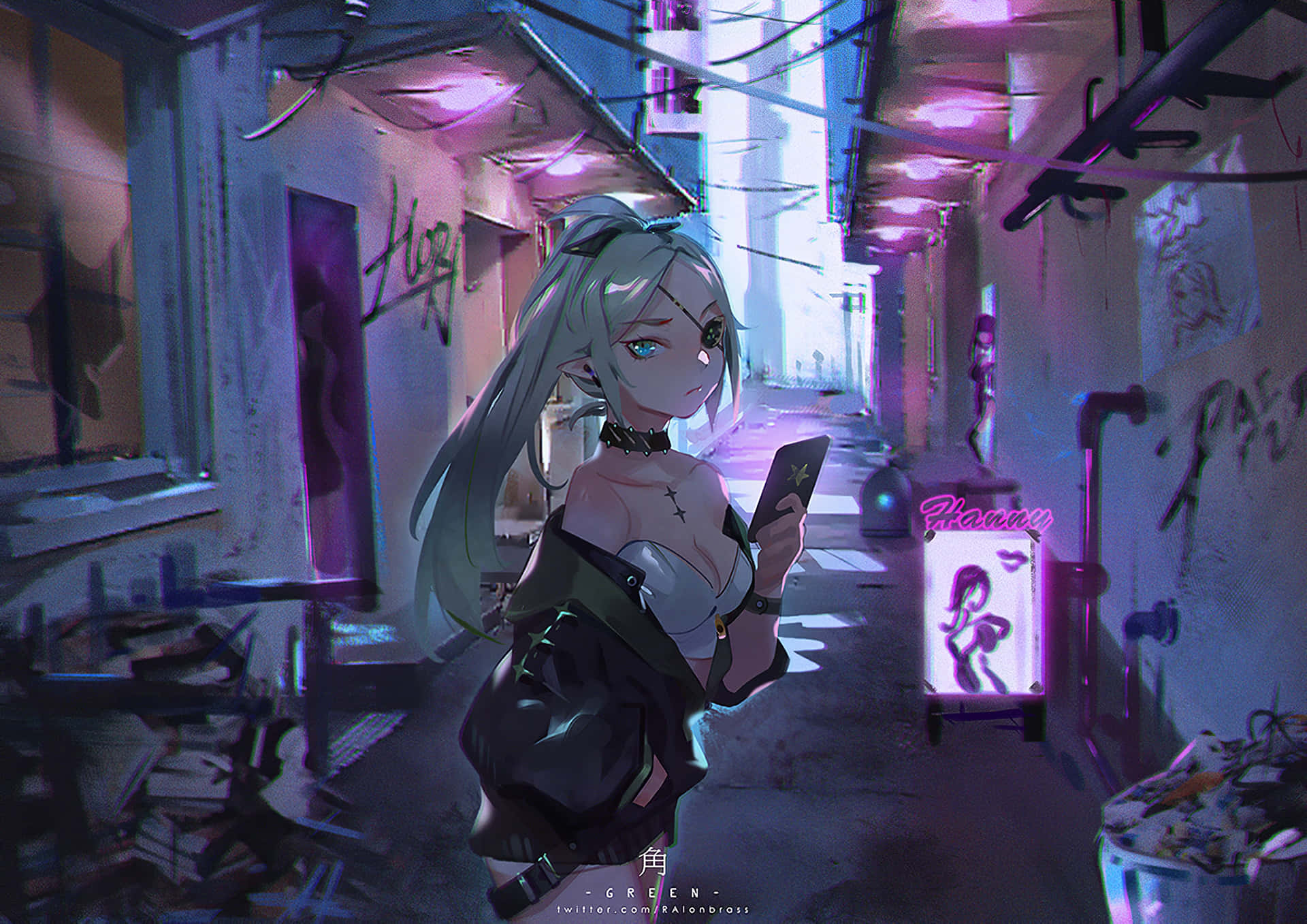 銀發動畫女孩在霓虹小巷中手持電話，周圍有塗鴉和招牌。