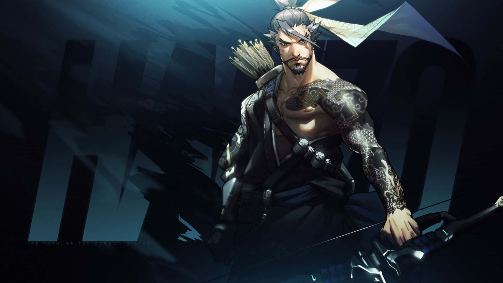 Overwatch Hanzo 桌布 壁紙 — 一位肌肉發達、帶有紋身的弓箭手，目光嚴峻，背著箭筒，在黑暗風格化的數碼場景中準備就緒。