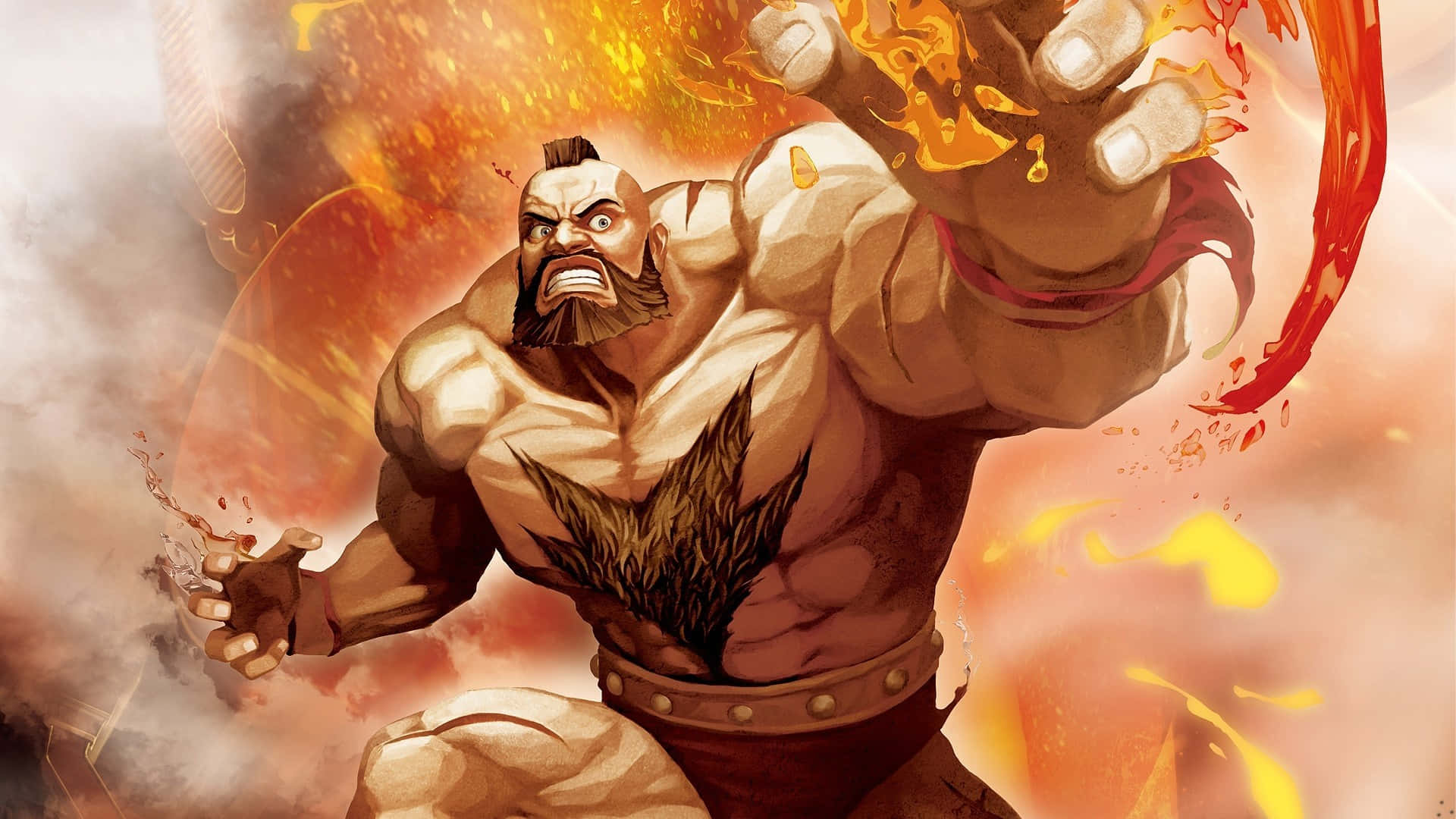 Street Fighter Characters 桌布 壁紙 — 一位肌肉發達、留著鬍鬚、胸口有尖刺紋身的戰士，在煙霧瀰漫的橙色背景下，從緊握的拳頭中釋放出熾熱的能量。