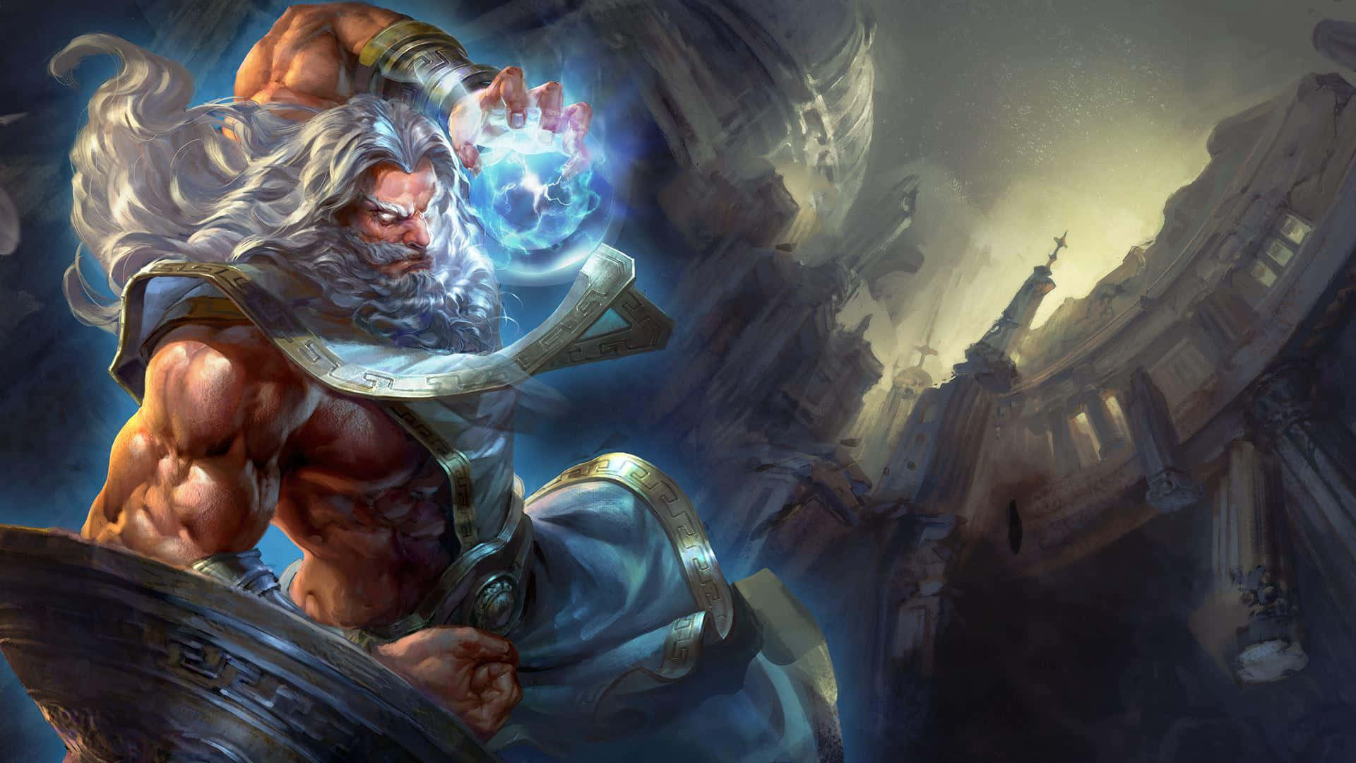 Moba Games 桌布 壁紙 — 一位肌肉發達、留著鬍鬚的白髮神祇，在暴風雨的天空下，於崩塌的古代廢墟中揮舞著發光的藍色球體。