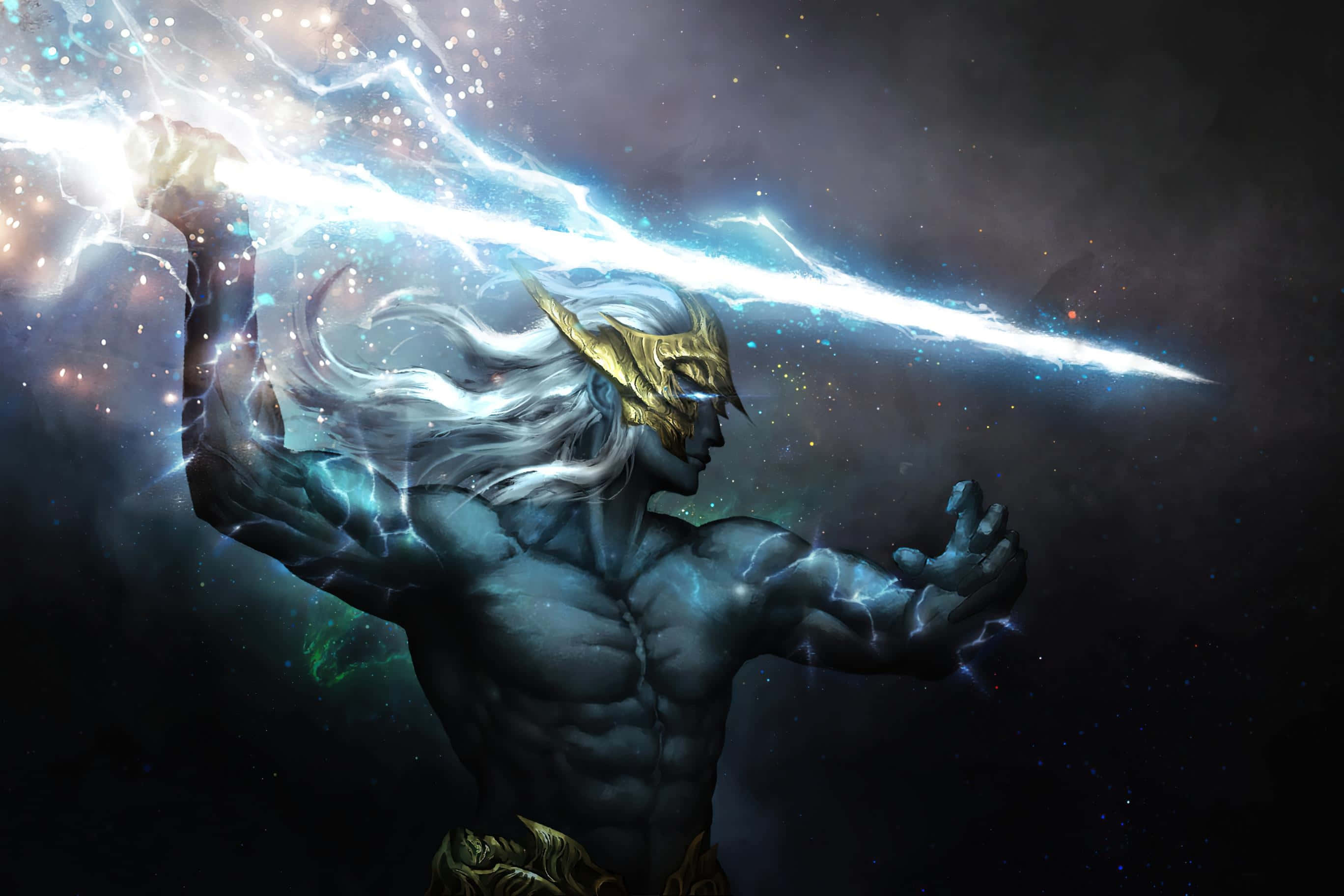 Dota 2 Zeus 桌布 壁紙 — 一位肌肉發達、白髮金面具的神明，在星空宇宙背景下揮舞著發光的藍色閃電劍。