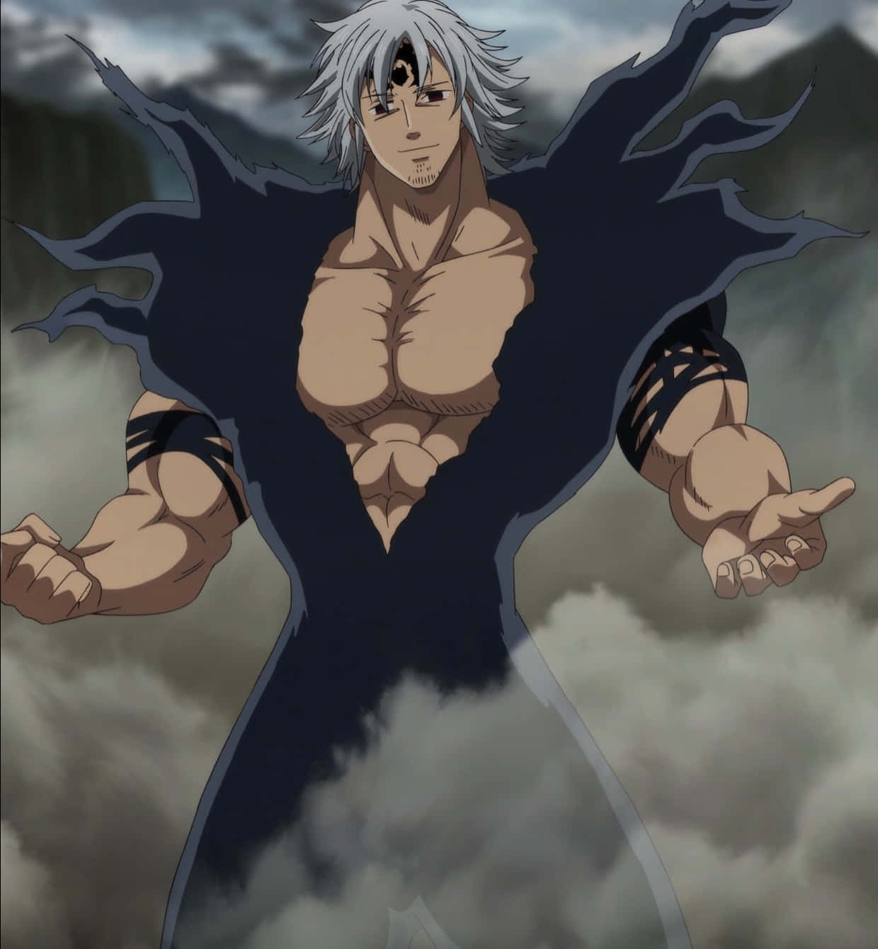 Seven Deadly Sins Estarossa 桌布 壁紙 — 一位肌肉發達、白髮黑翼的動漫戰士，威風凜凜地站在暴風雨的天空下。