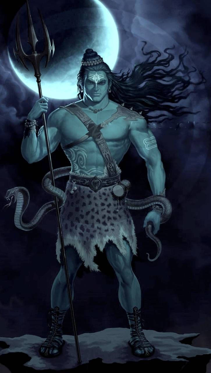 bholenath 3d 桌布 壁紙 — 一位肌肉發達、藍色皮膚、長黑髮的神祇站在發光的月亮下，手持三叉戟和纏繞的蛇。
