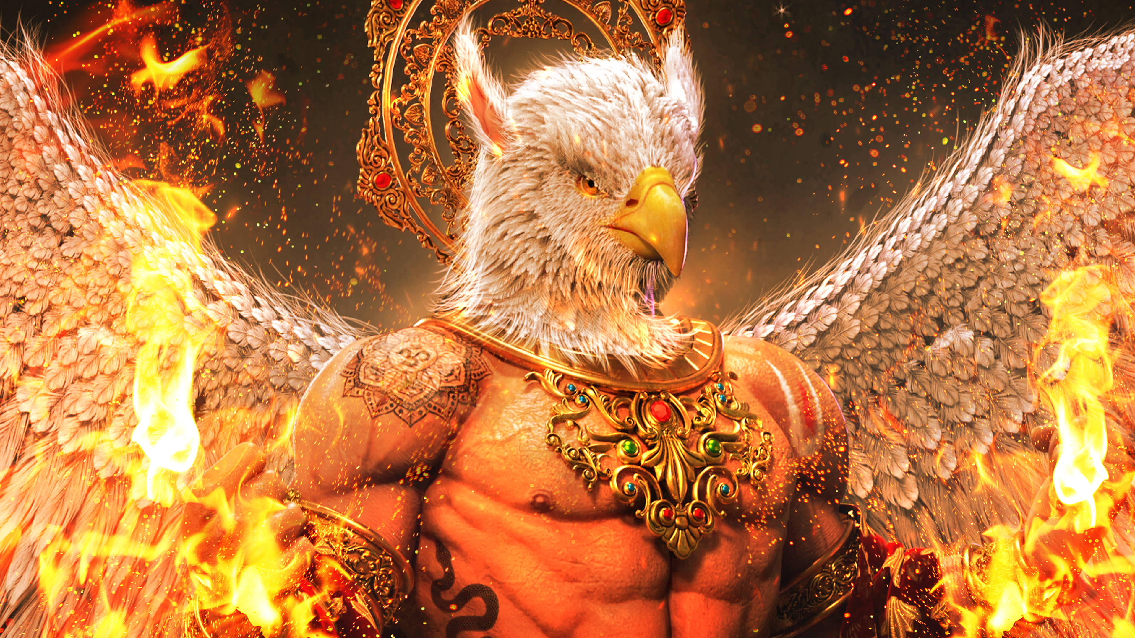 Eagle 桌布 壁紙 — 一位肌肉發達、鷹頭、金色翅膀、佩戴華麗珠寶的神祇，站立在咆哮的火焰和發光的餘燼之中。
