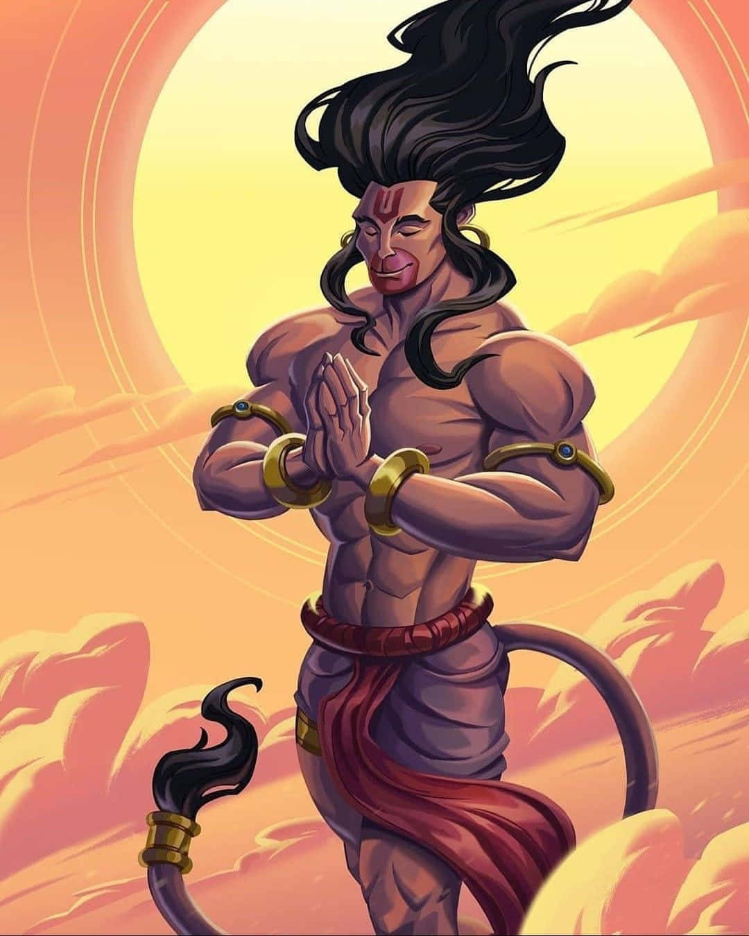 Concentration 桌布 壁紙 — 一位肌肉發達、黑髮狂野、額頭有紅色印記的神祇，正對著光芒四射的橙色太陽祈禱。