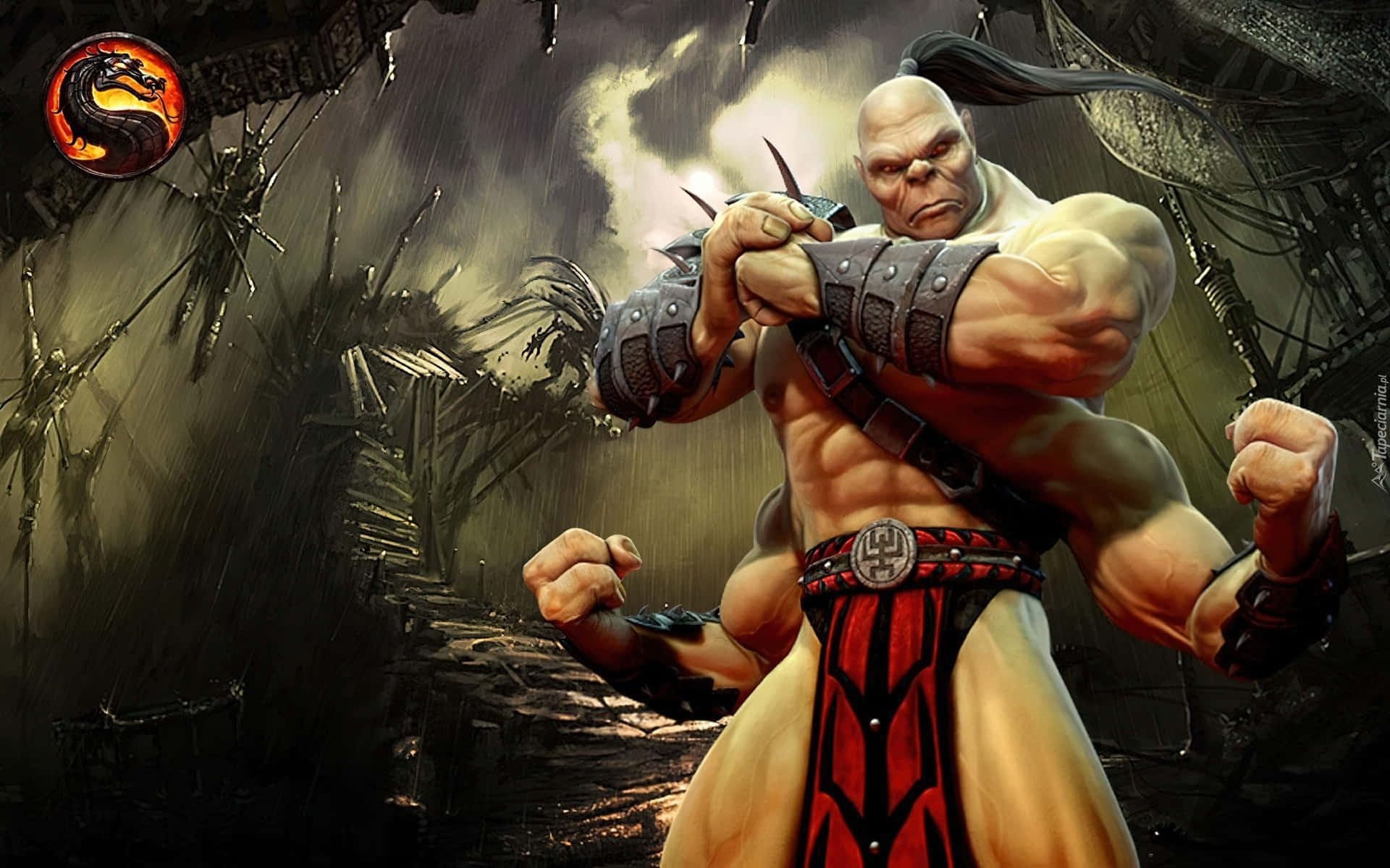 Mortal Kombat Goro 桌布 壁紙 — 一位肌肉發達的光頭戰士，紮著長馬尾，站在被雨水浸透的廢墟神廟中，握緊拳頭準備戰鬥。
