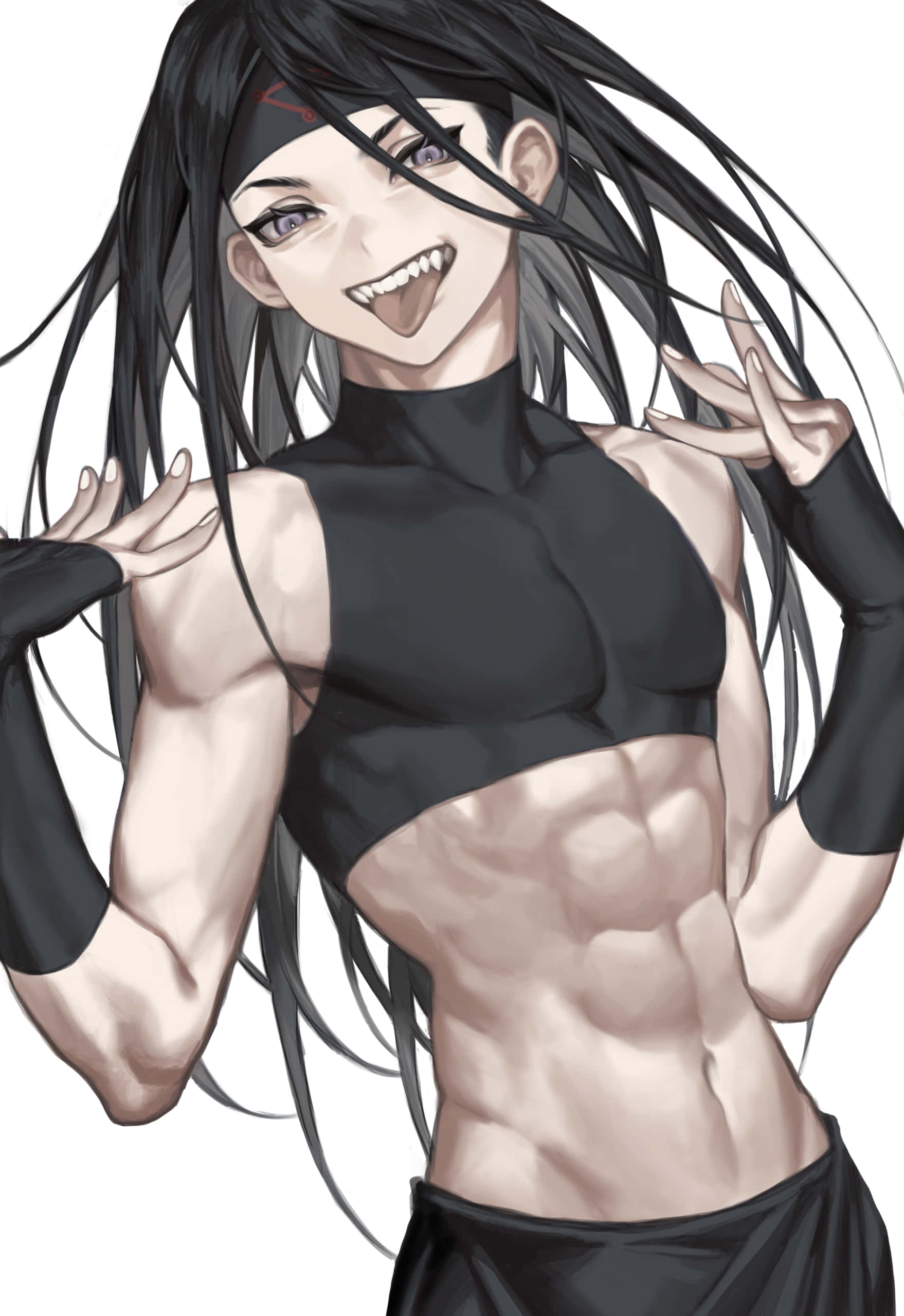 Fullmetal Alchemist Envy 桌布 壁紙 — 一位肌肉發達的動漫女性，長長的黑髮和頭帶，穿著黑色露臍上衣和手套，微笑擺姿勢。