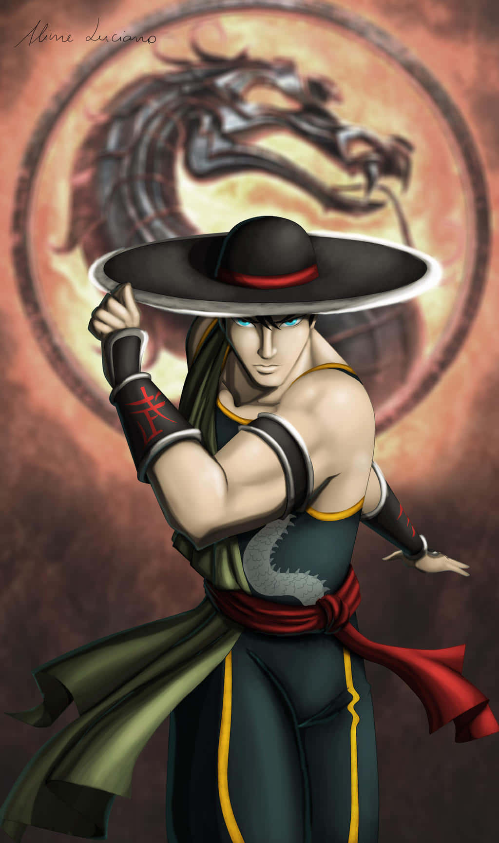 Mortal Kombat Kung Lao 桌布 壁紙 — 一位肌肉發達的動漫戰士，戴著寬邊帽，身穿綠色服裝，站在熾熱的龍徽章前。