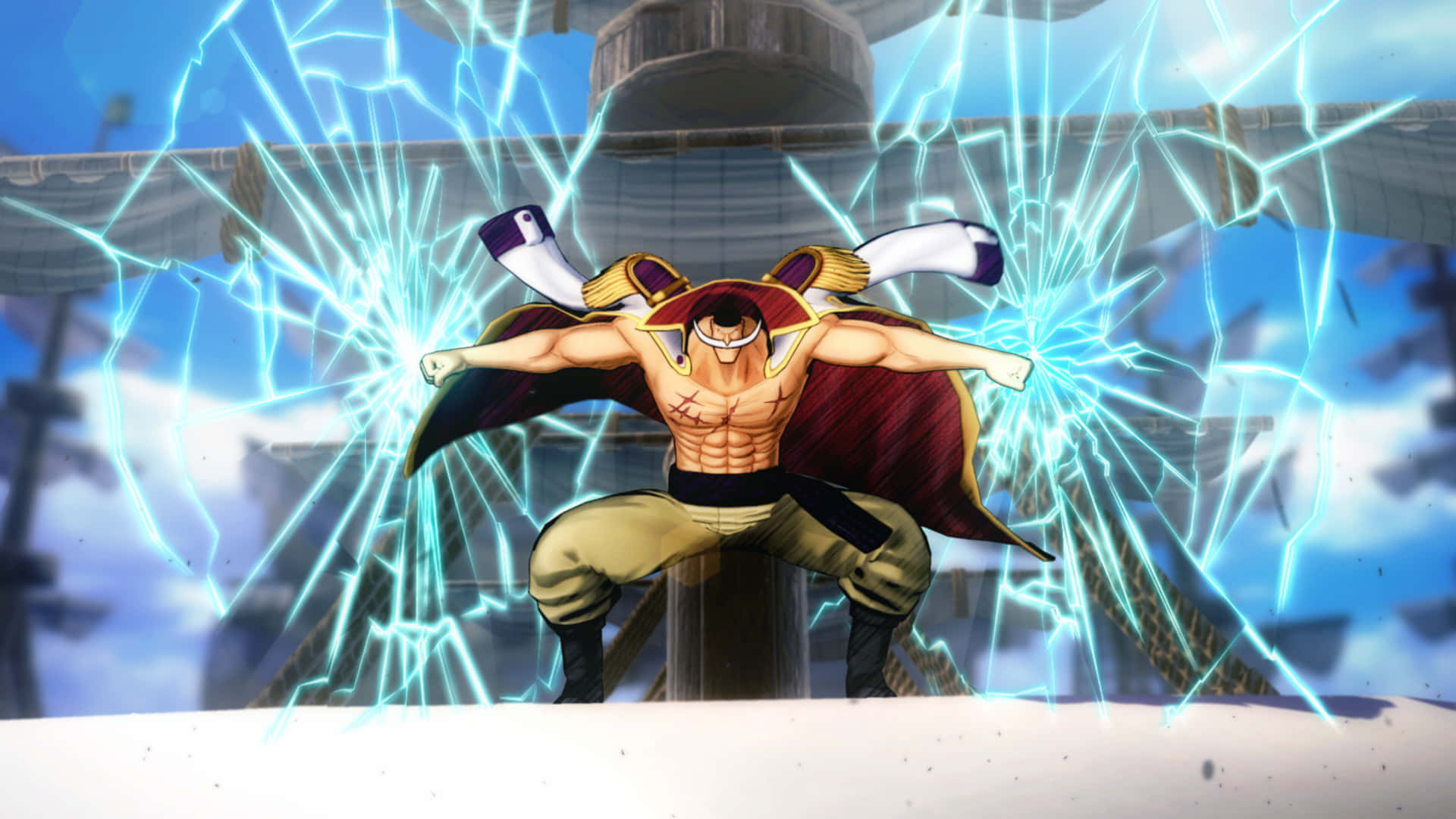Marineford 桌布 壁紙 — 一位肌肉發達的動漫戰士，戴著紅色帽子和披風，以動態戰鬥姿勢釋放電光藍色能量。