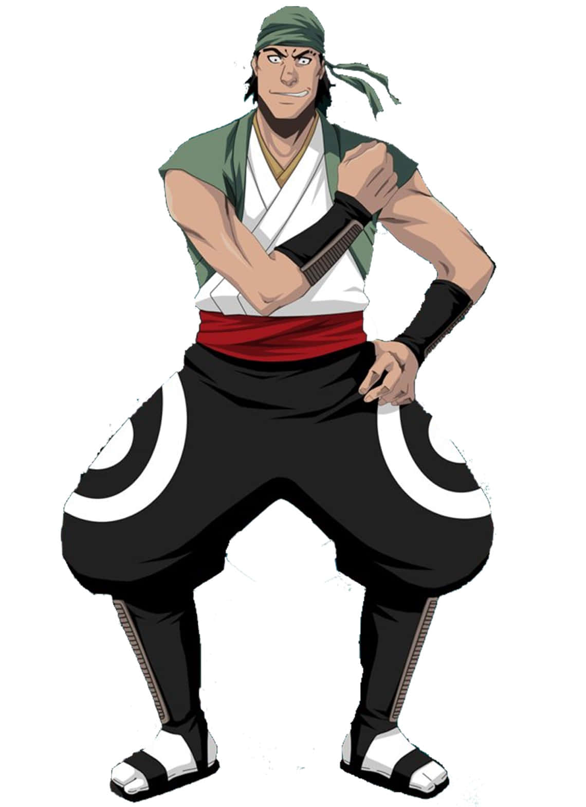 Ganju Shiba 桌布 壁紙 — 一位肌肉發達的動漫戰士，戴著綠色頭帶、白色上衣、紅色腰帶和黑色褲子，擺出自信的戰鬥姿勢。
