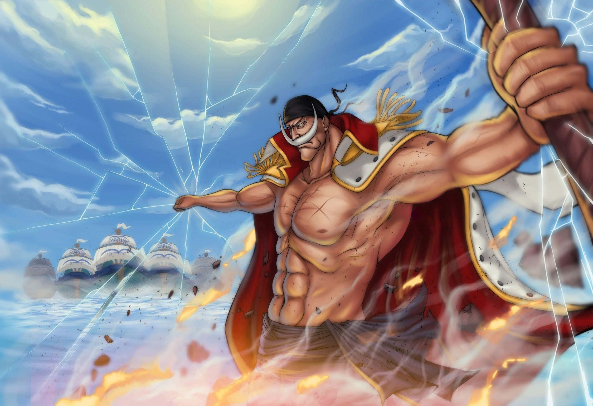 Edward Newgate 桌布 壁紙 — 一位肌肉發達的動漫戰士，披著紅色斗篷，留著白色鬍鬚，在船隻行駛的海面上，於熾熱的爆炸和破碎玻璃效果中揮舞著一把巨大的錘子。