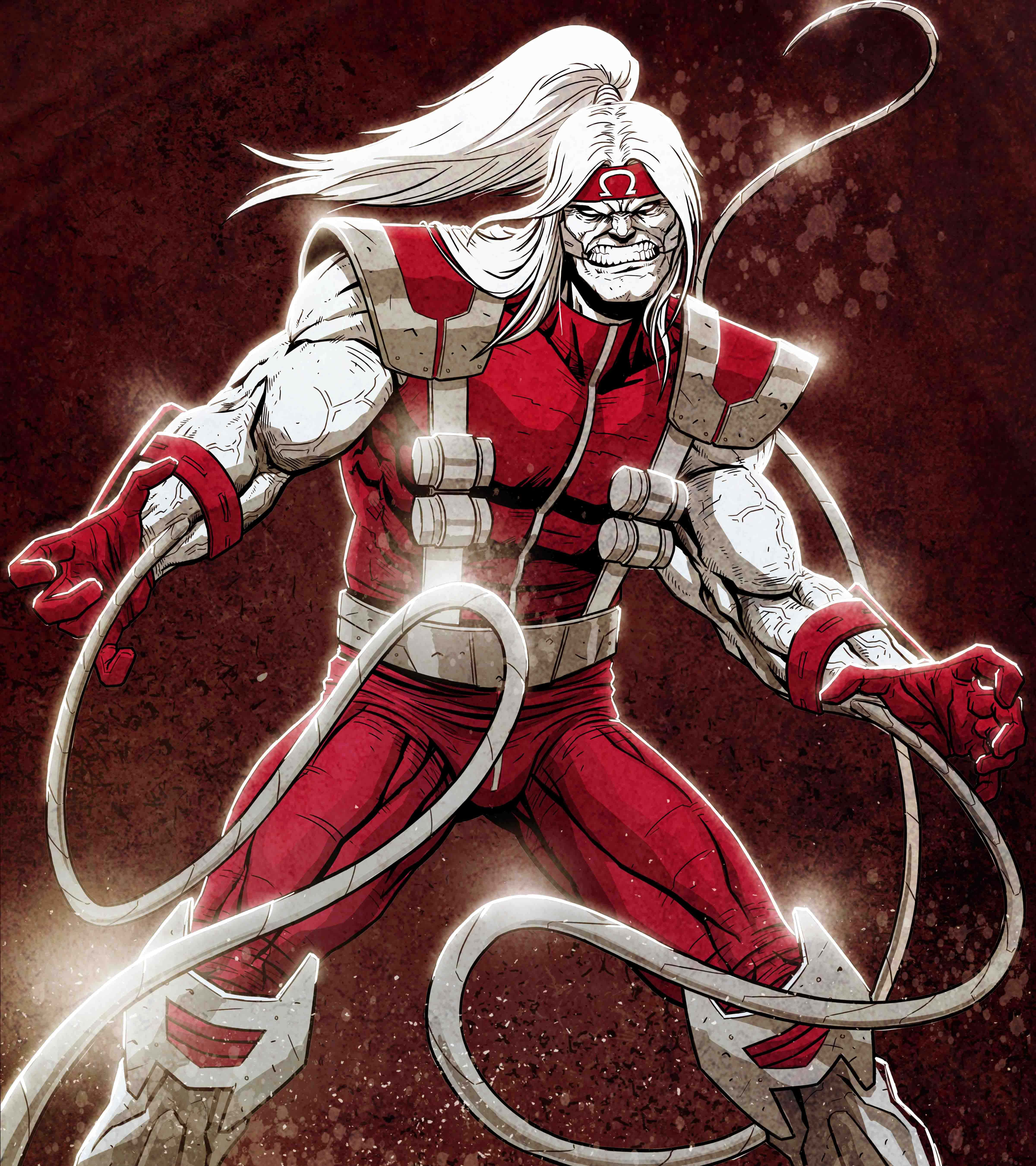 Omega Red 桌布 壁紙 — 一位肌肉發達的動漫戰士，白髮紅甲，在深色紋理背景前揮舞著發光的白色能量鞭。