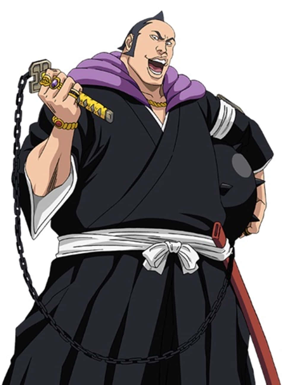 Marechiyo Omaeda 桌布 壁紙 — 一位肌肉發達的動漫戰士，身穿黑色長袍和紫色圍巾，揮舞著帶鎖鏈的劍，露出兇猛的笑容。