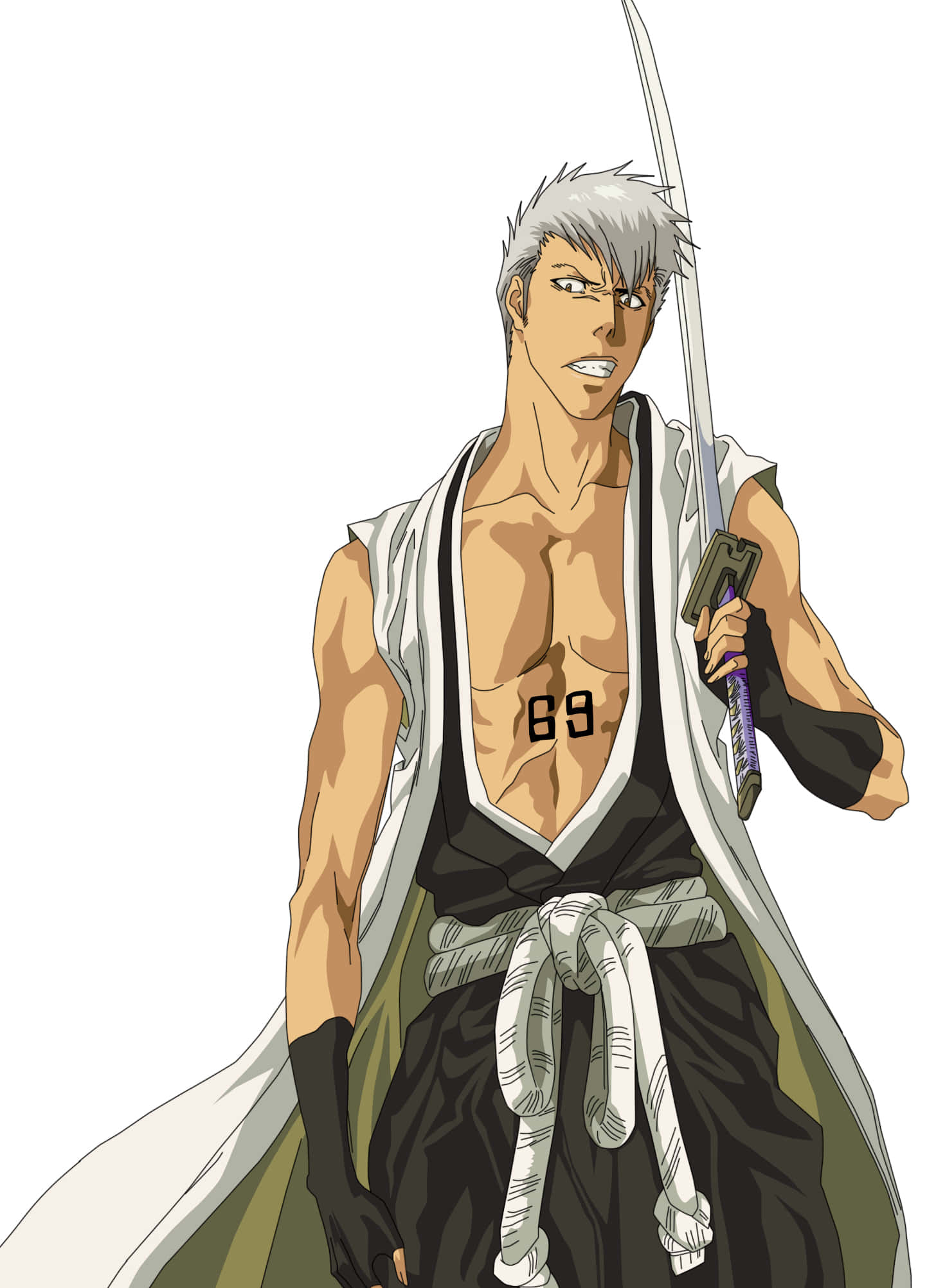 Kensei Muguruma 桌布 壁紙 — 一位肌肉發達的動漫戰士，銀色頭髮，手持劍，自信地站在純白色背景前。
