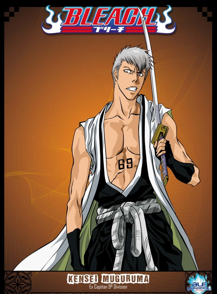 Kensei Muguruma 桌布 壁紙 — 一位肌肉發達的動漫戰士，銀色頭髮，胸前紋有數字69，在熾熱的橙色背景下手持劍。
