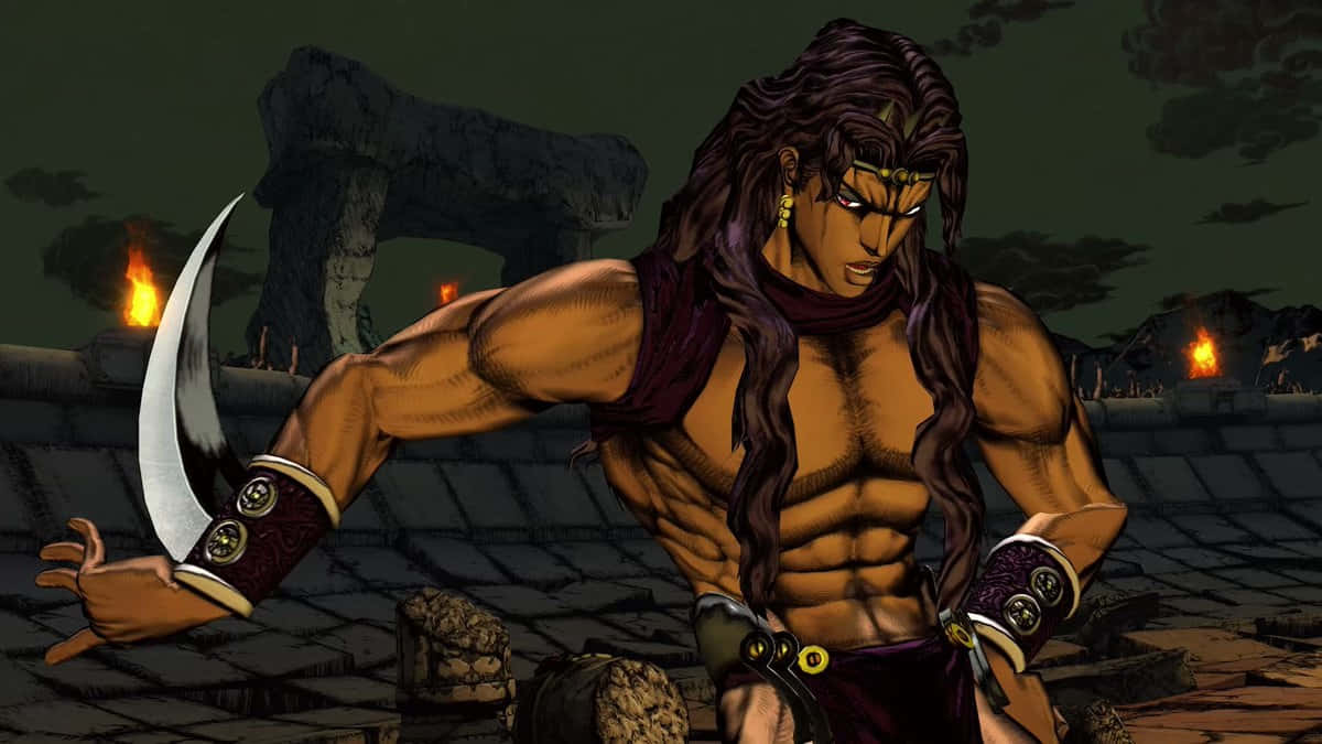 Jojo's Bizarre Adventure Kars 桌布 壁紙 — 一位肌肉發達的動漫戰士，長長的黑髮，在黑暗的天空和遠處的火光下，在石屋頂上揮舞著彎曲的刀刃。