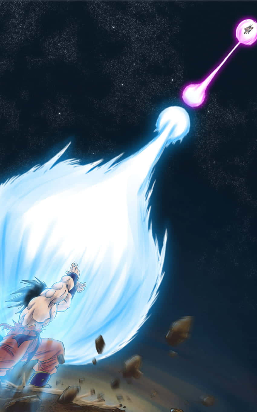 Vegeta Galick Gun 桌布 壁紙 — 一位肌肉發達的動漫戰士在星羅棋布的宇宙虛空中，向一個紫色能量球釋放出巨大的藍色能量衝擊波。