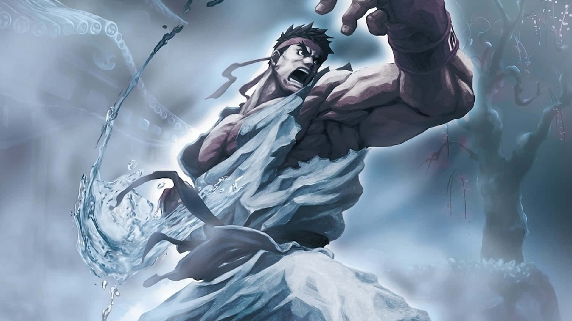 Street Fighter Characters 桌布 壁紙 — 一位肌肉發達的動漫戰士在迷霧繚繞、動感十足的戰鬥場景中釋放出強大的水屬性攻擊。