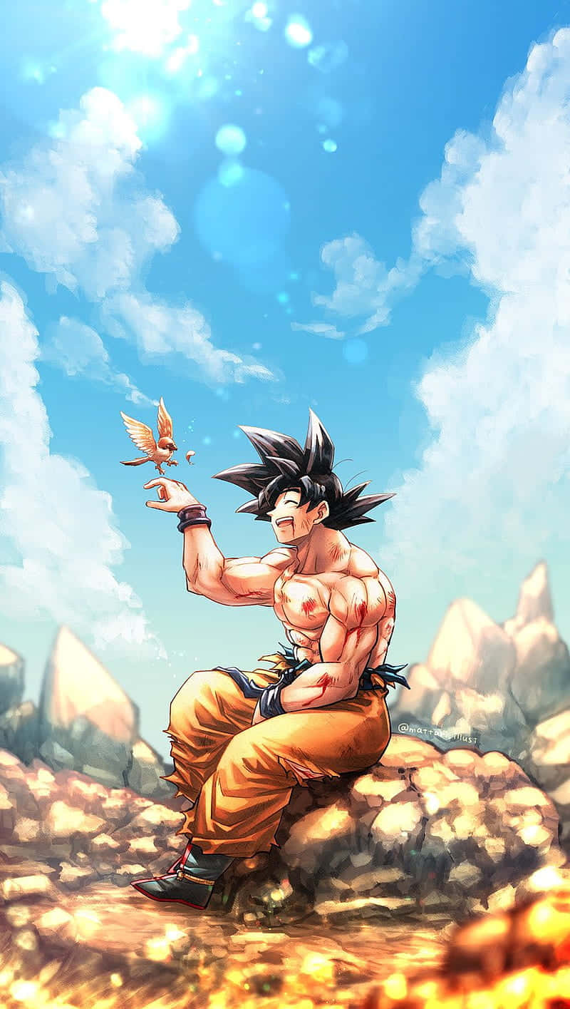 Mui Goku 桌布 壁紙 — 一位肌肉發達的動漫戰士穿著橙色褲子，坐在岩石地形上，在明亮的藍天下，輕輕地將一隻小鳥捧在手中。