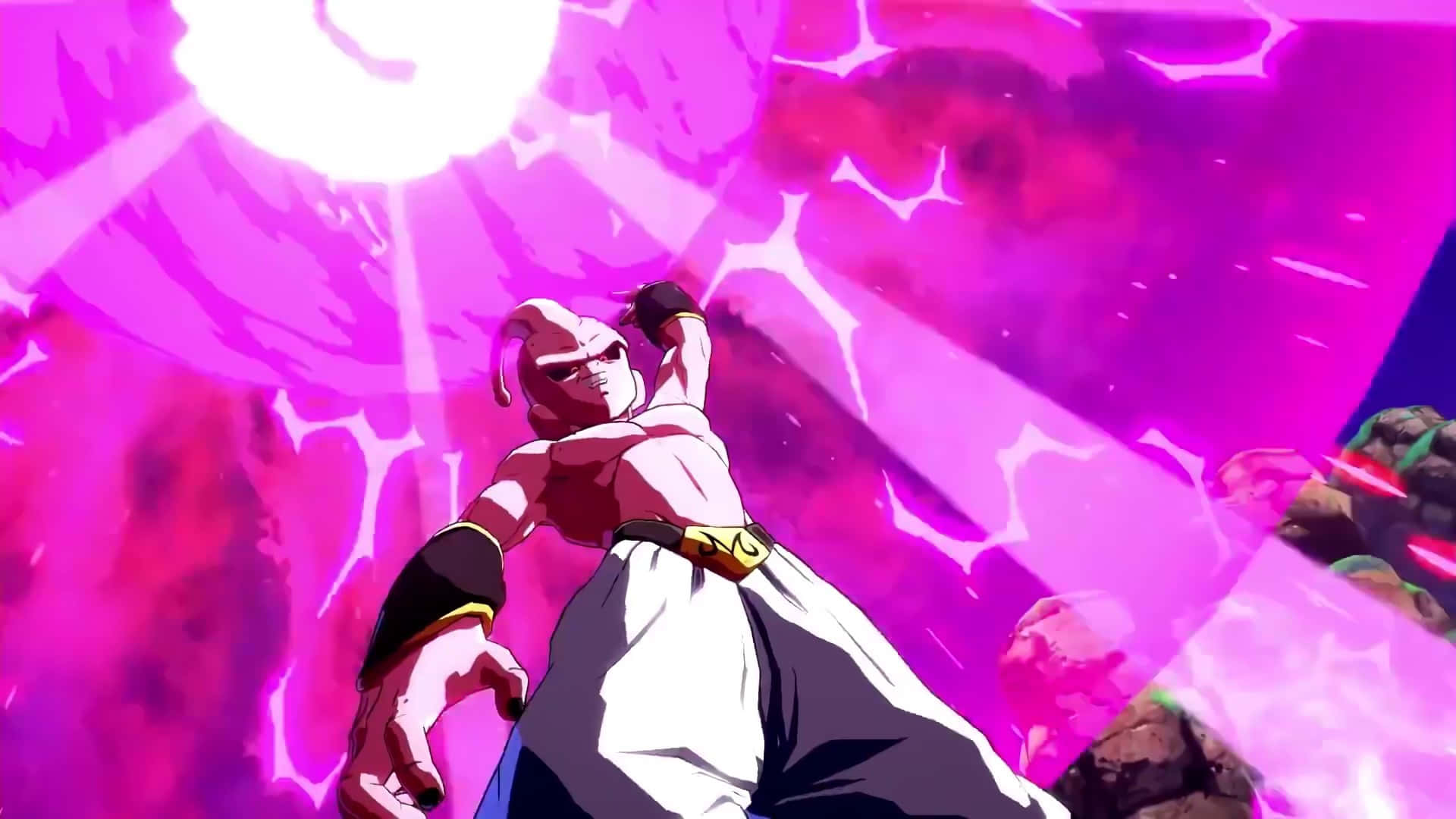 Buu 桌布 壁紙 — 一位肌肉發達的動漫戰士穿著白色褲子，在破碎的宇宙背景下引導一個巨大的粉紅色能量球。