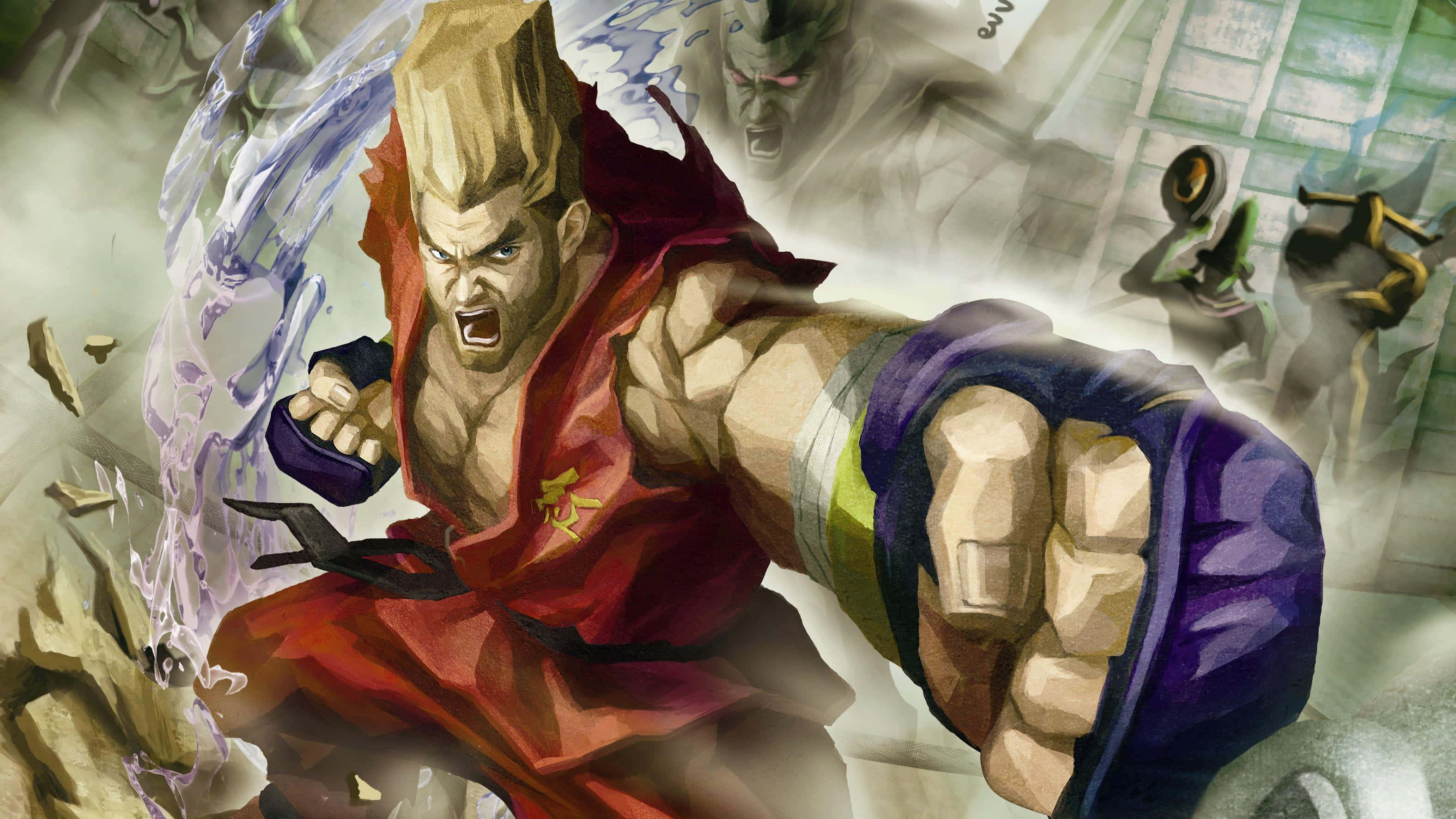 Tekken Characters 桌布 壁紙 — 一位肌肉發達的動漫戰士身穿紅色道服，在破碎的瓦礫和模糊的對手中釋放出強大的冰拳。