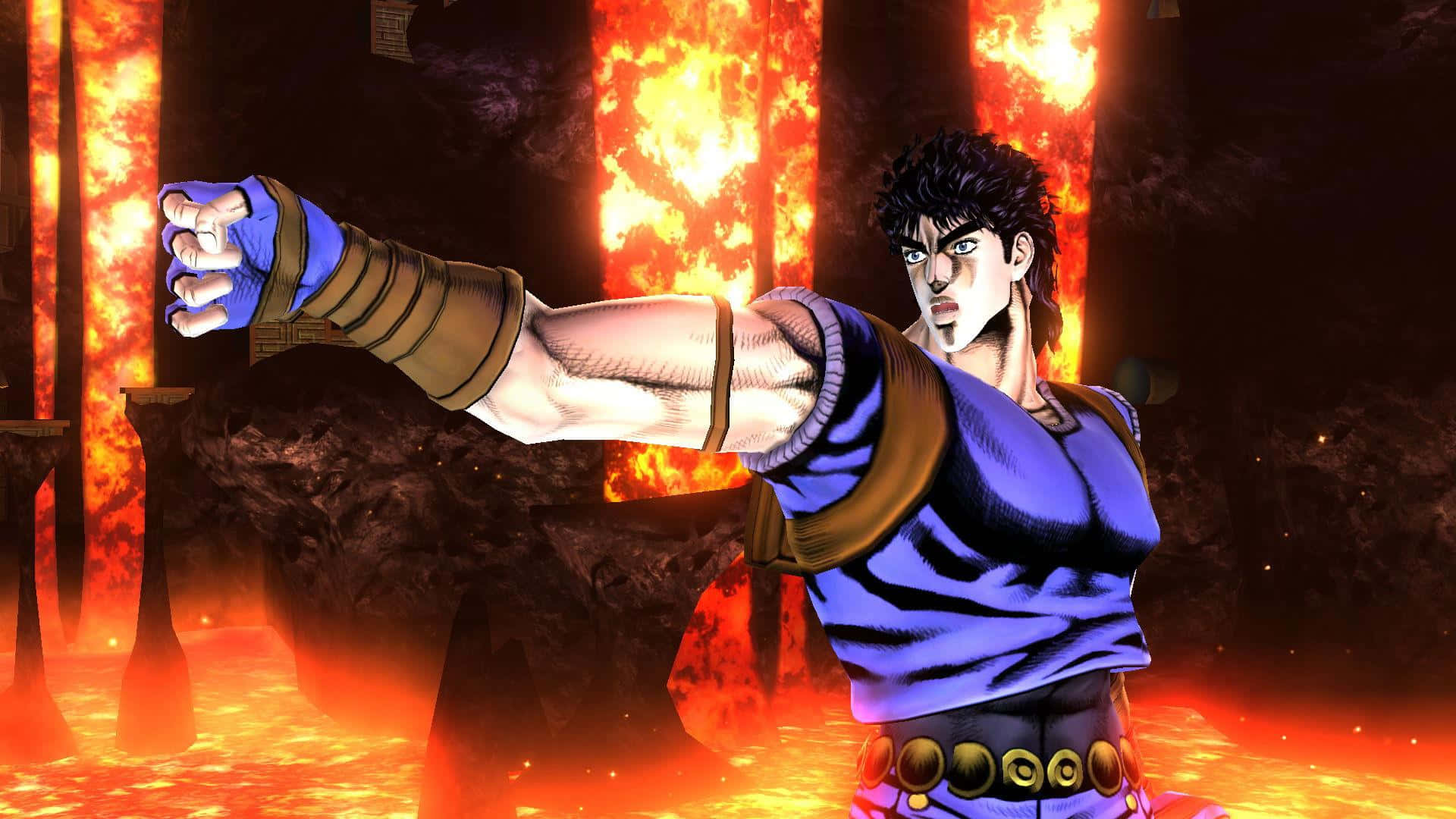 Jonathan Joestar 桌布 壁紙 — 一位肌肉發達的動漫戰士身穿藍金裝備向前出拳，身後有熾熱的熔岩柱噴發。