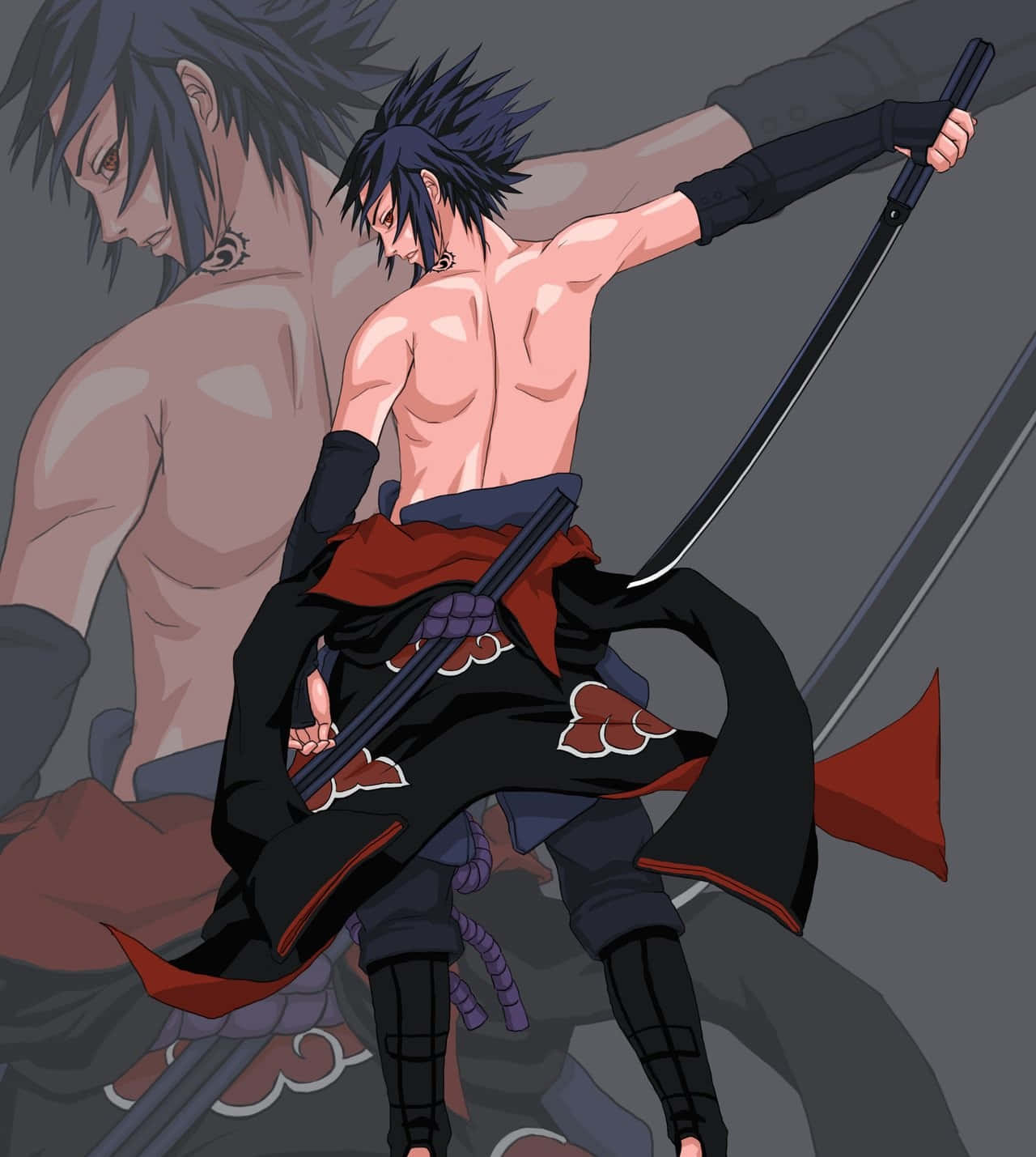Akatsuki Sasuke 桌布 壁紙 — 一位肌肉發達的動漫戰士身穿黑紅斗篷揮舞著劍，身後有一個陰影版本若隱若現。