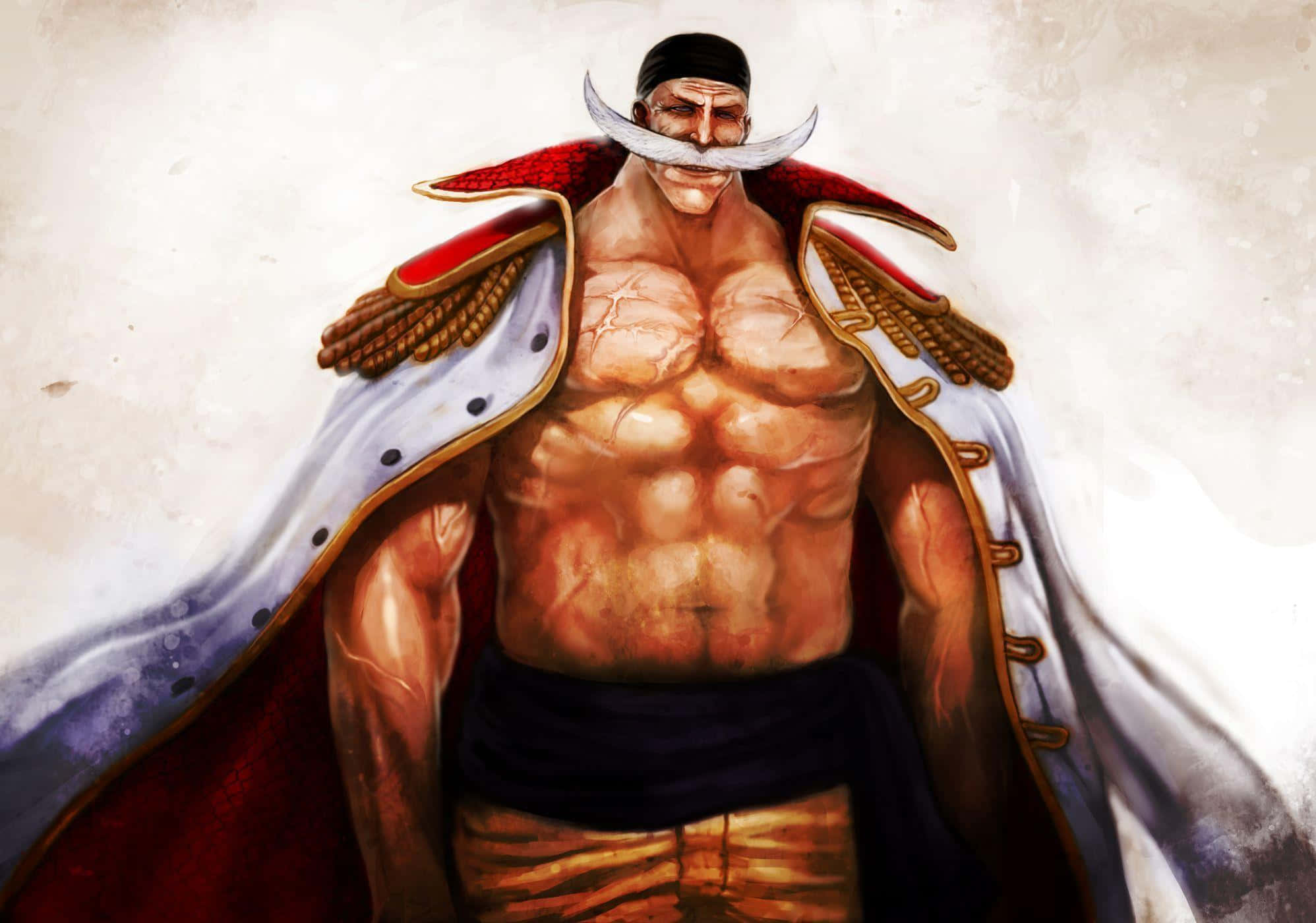 Edward Newgate 桌布 壁紙 — 一位肌肉發達的動漫船長，留著白色鬍鬚，披著紅色斗篷，自信地站在有紋理的米白色背景前。