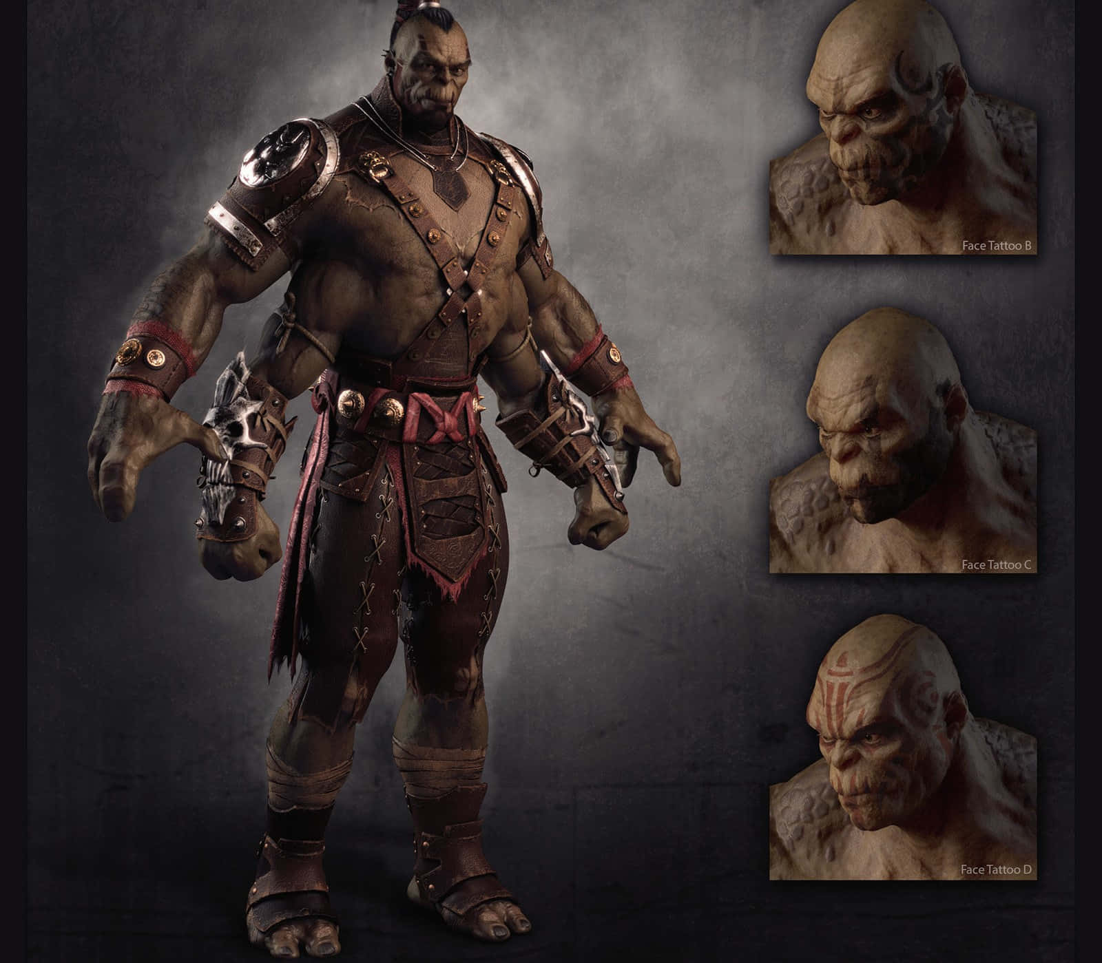 Mortal Kombat Goro 桌布 壁紙 — 一位肌肉發達的奇幻戰士身穿深色皮甲，戴著骷髏護手，旁邊有三個面部紋身特寫變體。