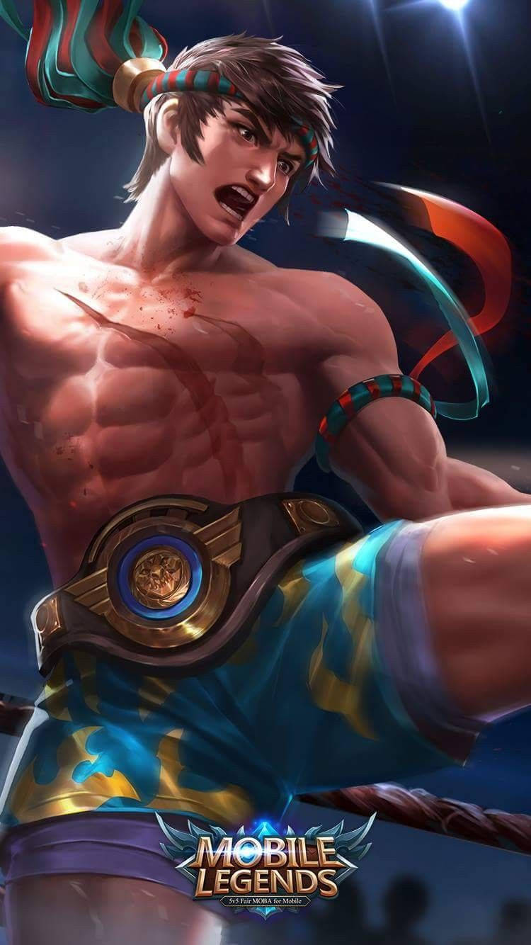 Mobile Legends 桌布 壁紙 — 一位肌肉發達的戰士，戴著部落頭帶和發光腰帶，在戲劇性燈光下以動態戰鬥姿勢咆哮。