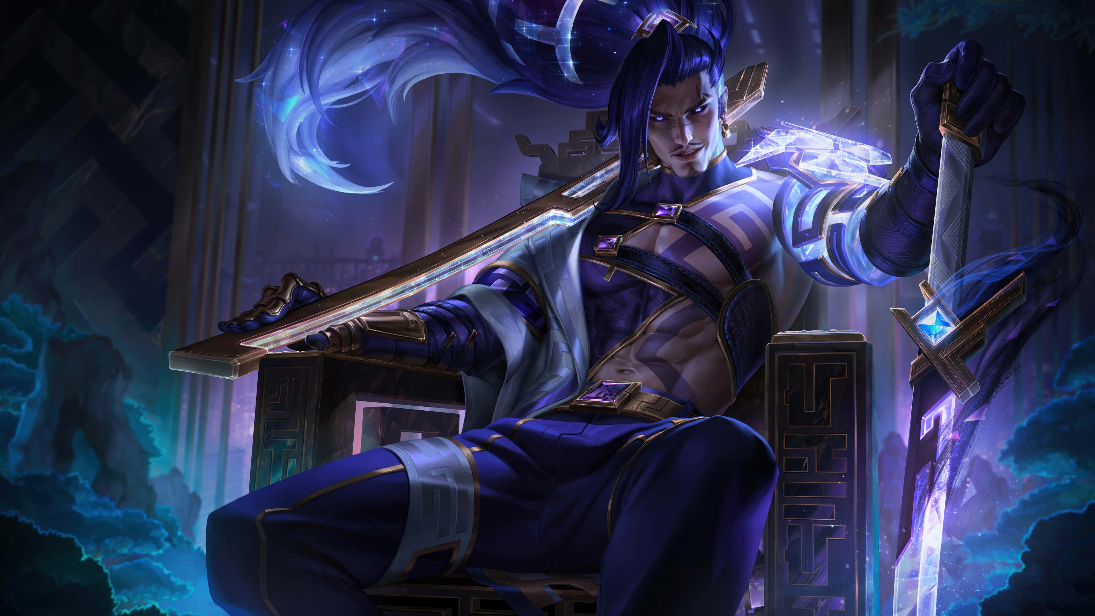 League Of Legends Champions 桌布 壁紙 — 一位肌肉發達的戰士，擁有發光的藍色頭髮，威嚴地坐在王座上，在神秘的寺廟中手持一把光芒四射的劍。